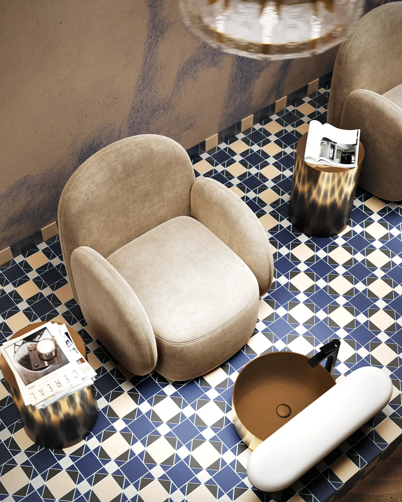 Overhead view of a luxurious pedicure station, showing the plush chair, foot basin, and side table.