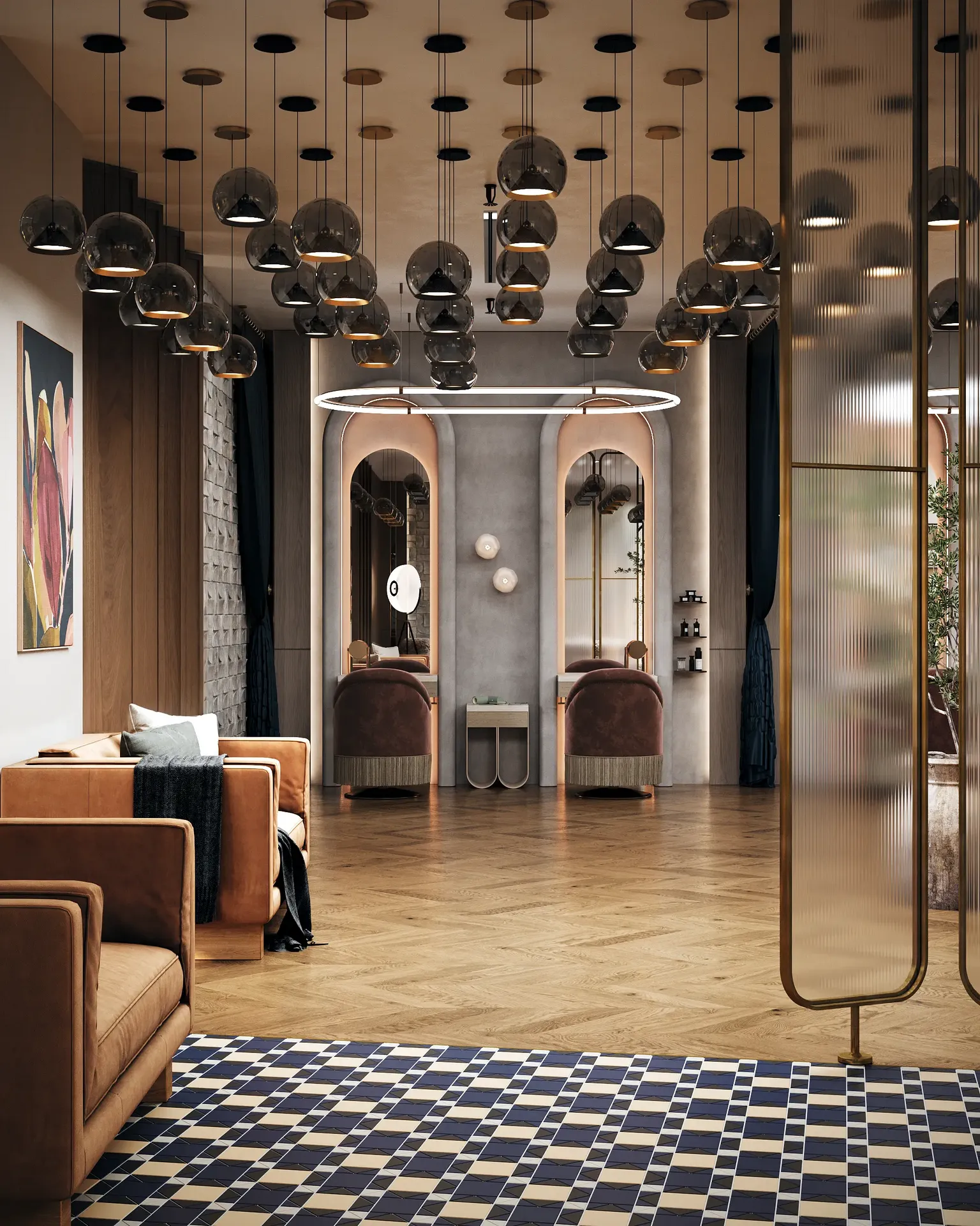 View across the salon showing the modern hairstylist stations and the adjacent waiting lounge.