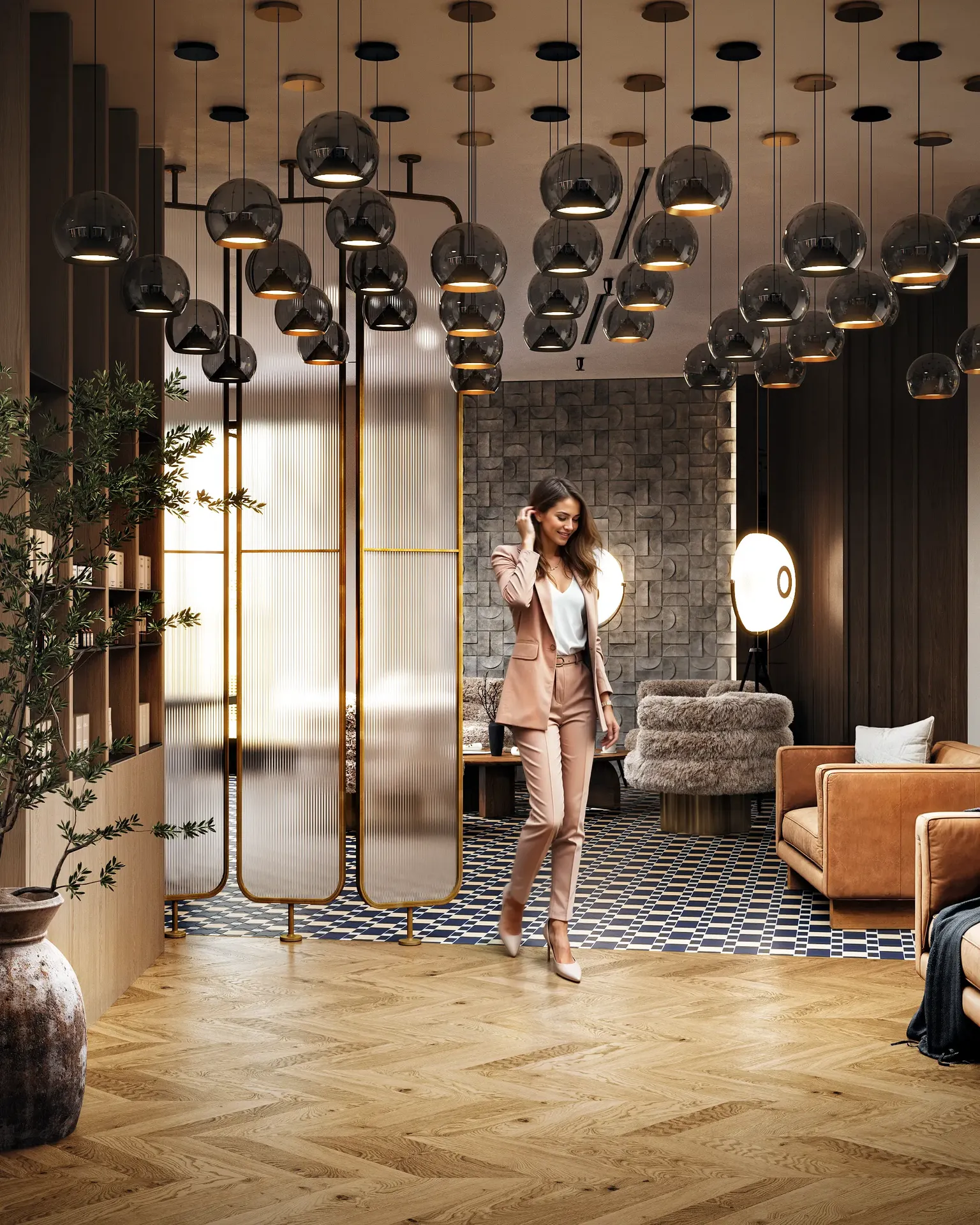 View of the salon entrance from the main floor, with a client leaving after her appointment.