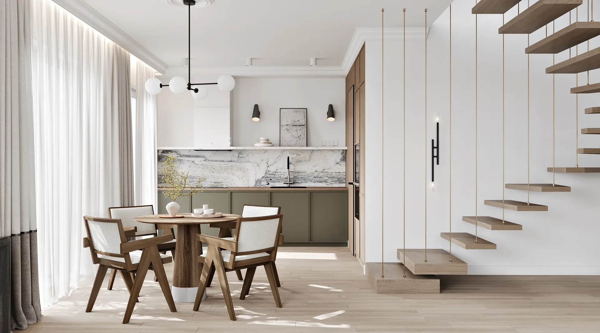 Modern dining area with a view of the kitchen and a staircase leading to the second floor.