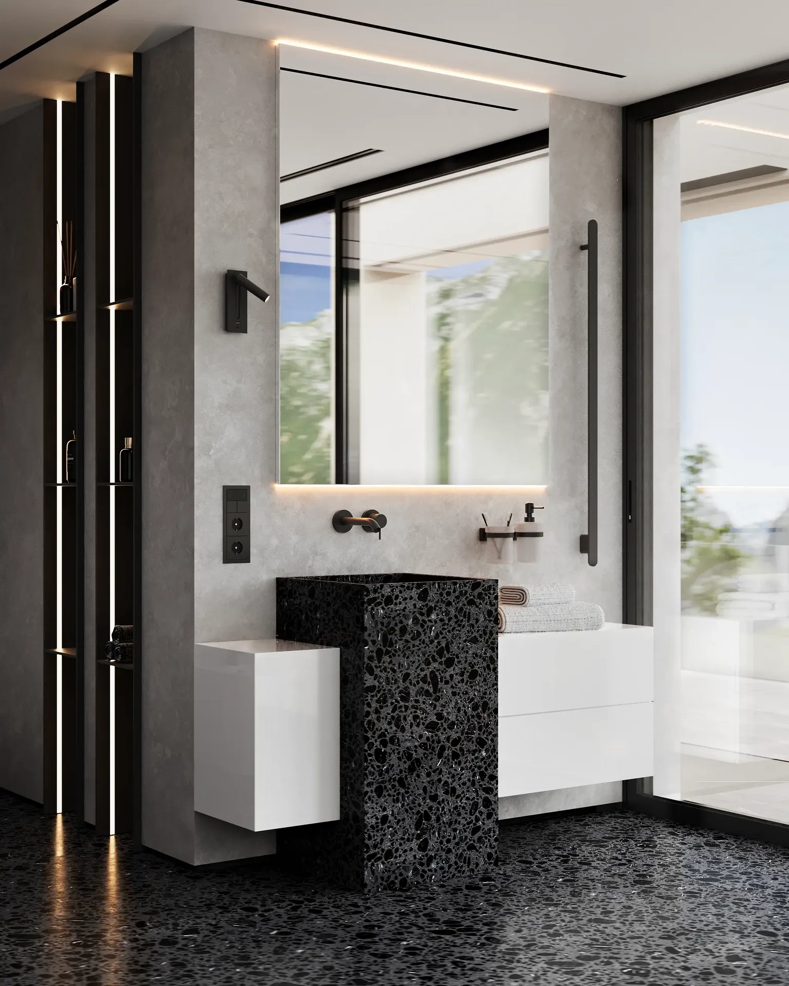 Modern bathroom vanity with a large mirror and illuminated built-in niches for cosmetics.
