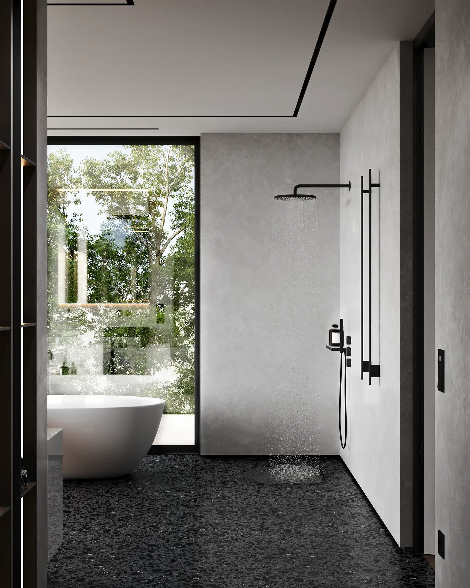 View of a modern bathroom interior, showing the walk-in glass shower and freestanding tub.