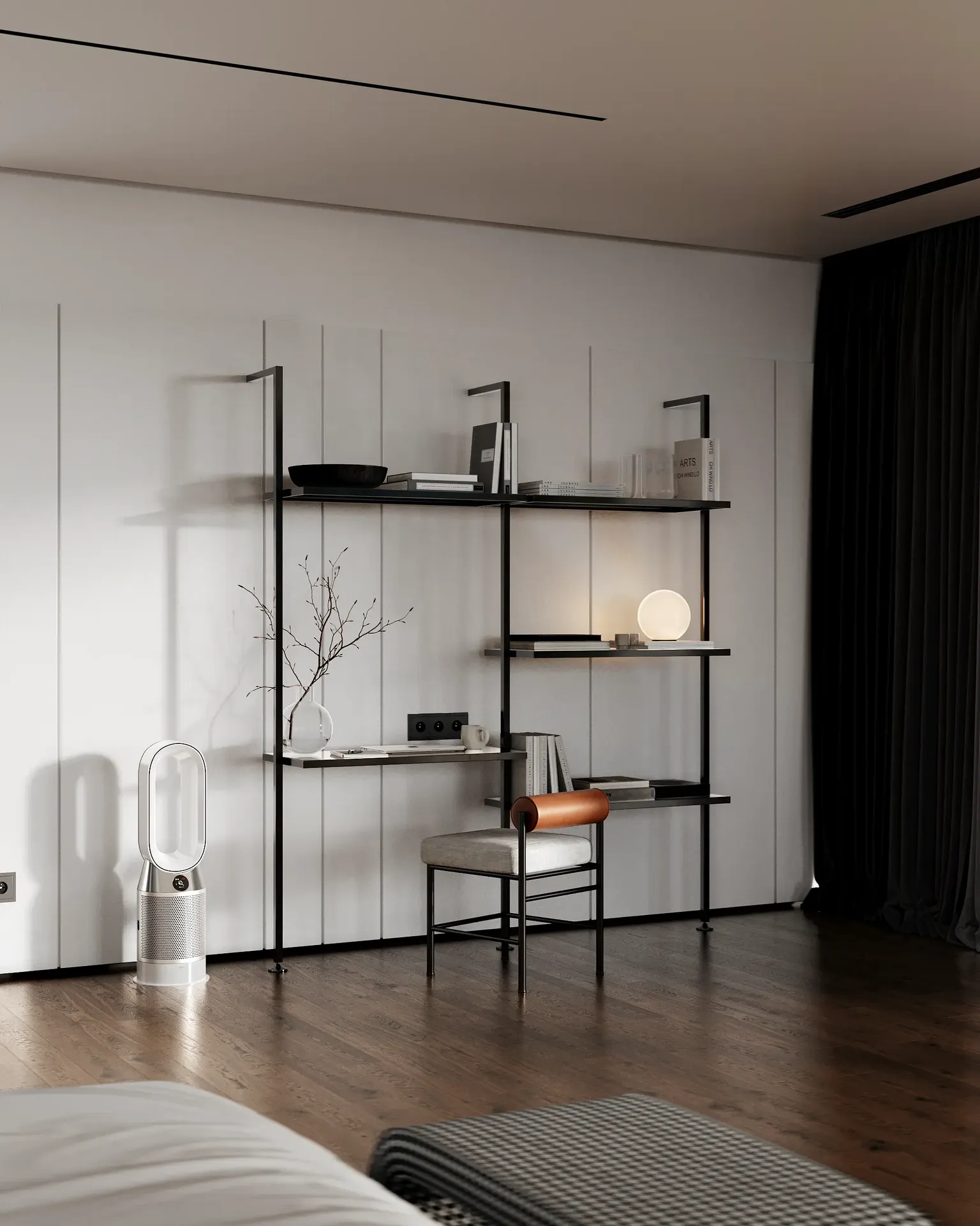 Minimalist workspace in a modern bedroom, featuring a sleek desk and integrated wall shelving.