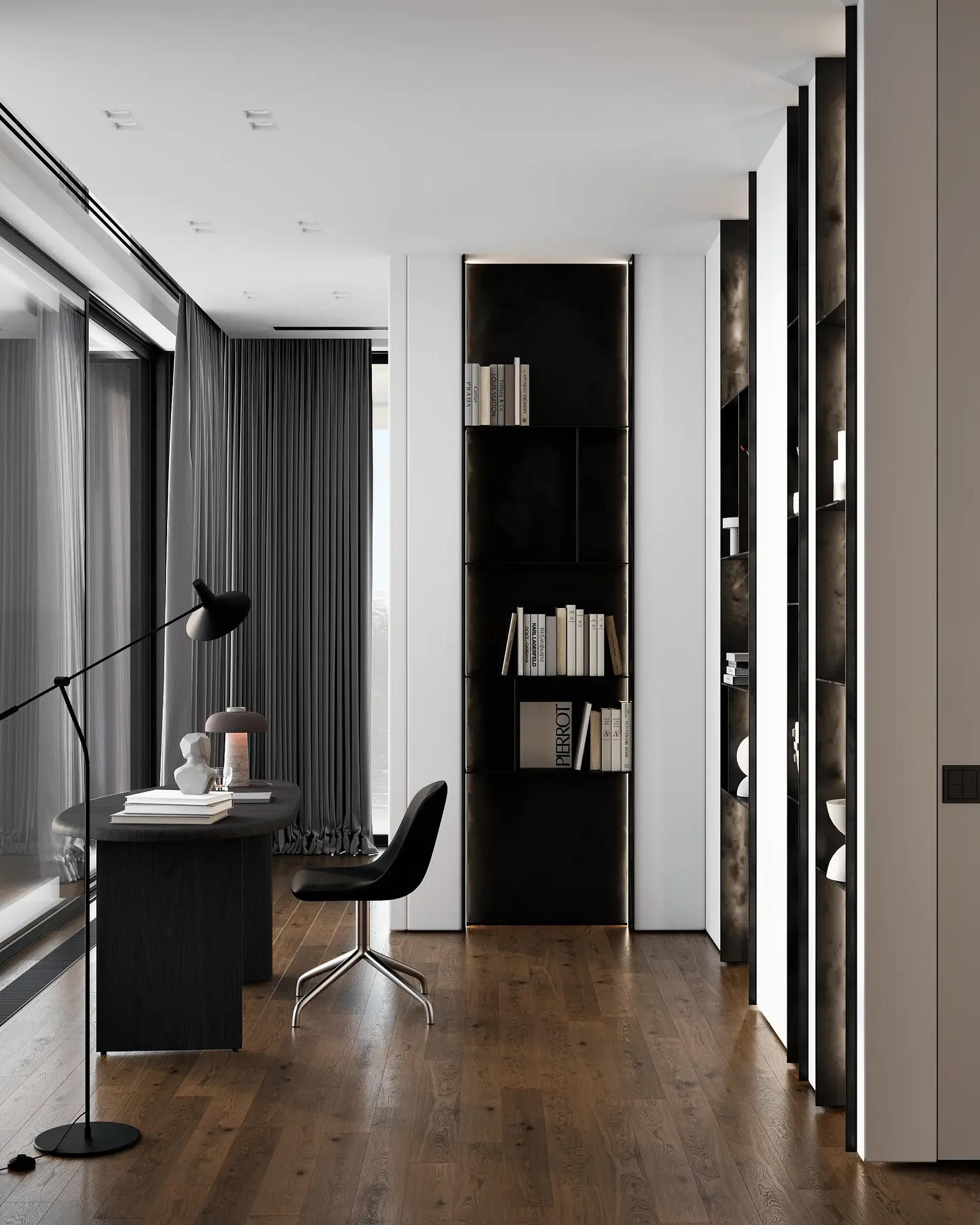 Bright modern home office featuring a desk by the window, minimalist shelving, and a floor lamp.