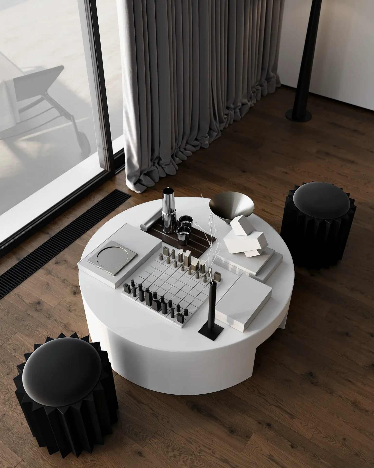 Top-down view of a modern coffee table, featuring a stylish chess set as a centerpiece.