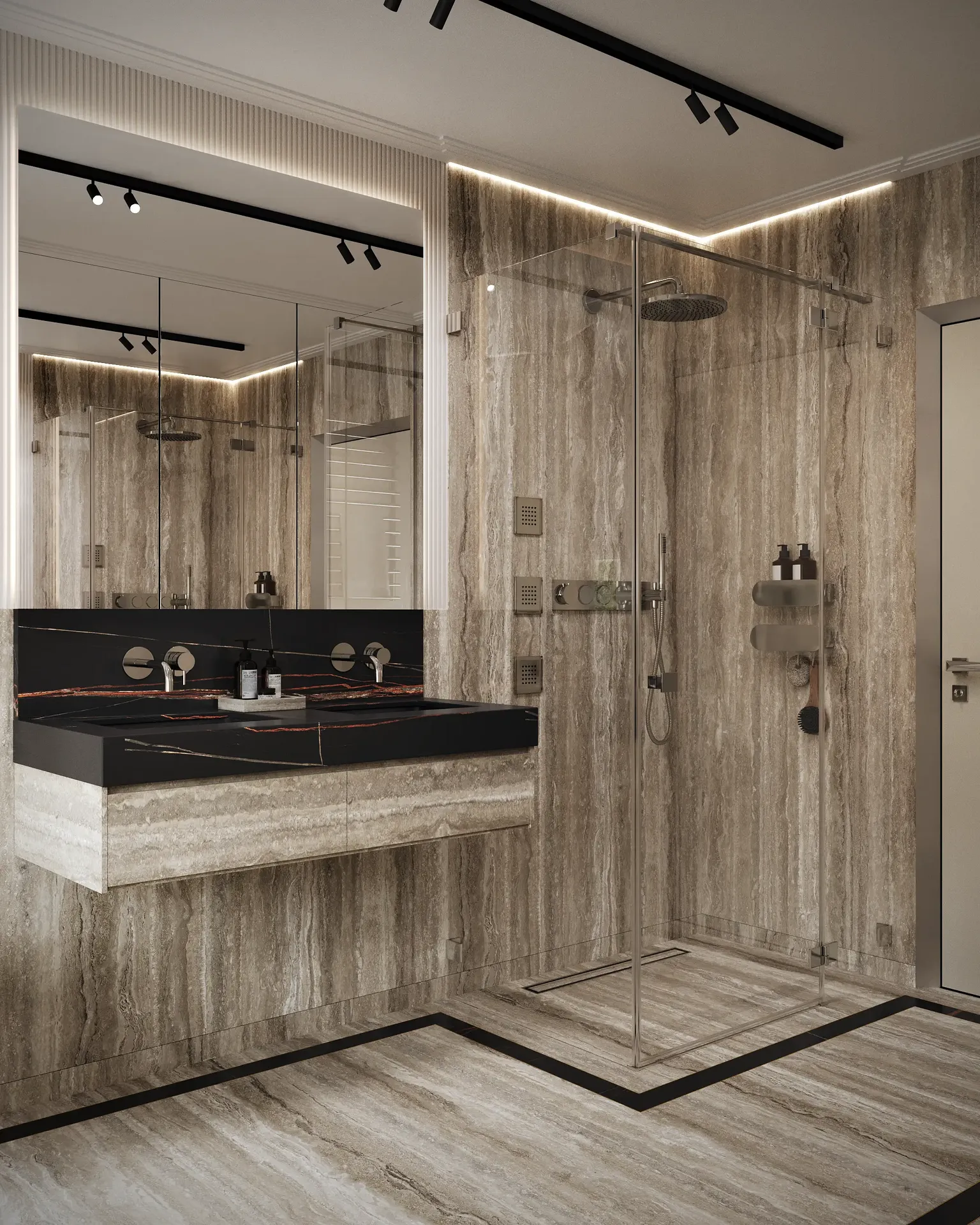 Corner view of a minimalist guest bathroom, showing the sink vanity and glass shower enclosure.