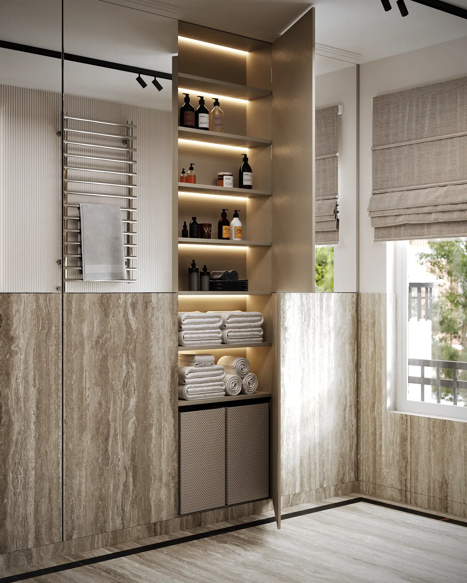 Corner view of a guest bathroom, highlighting an open, built-in wooden storage cabinet.