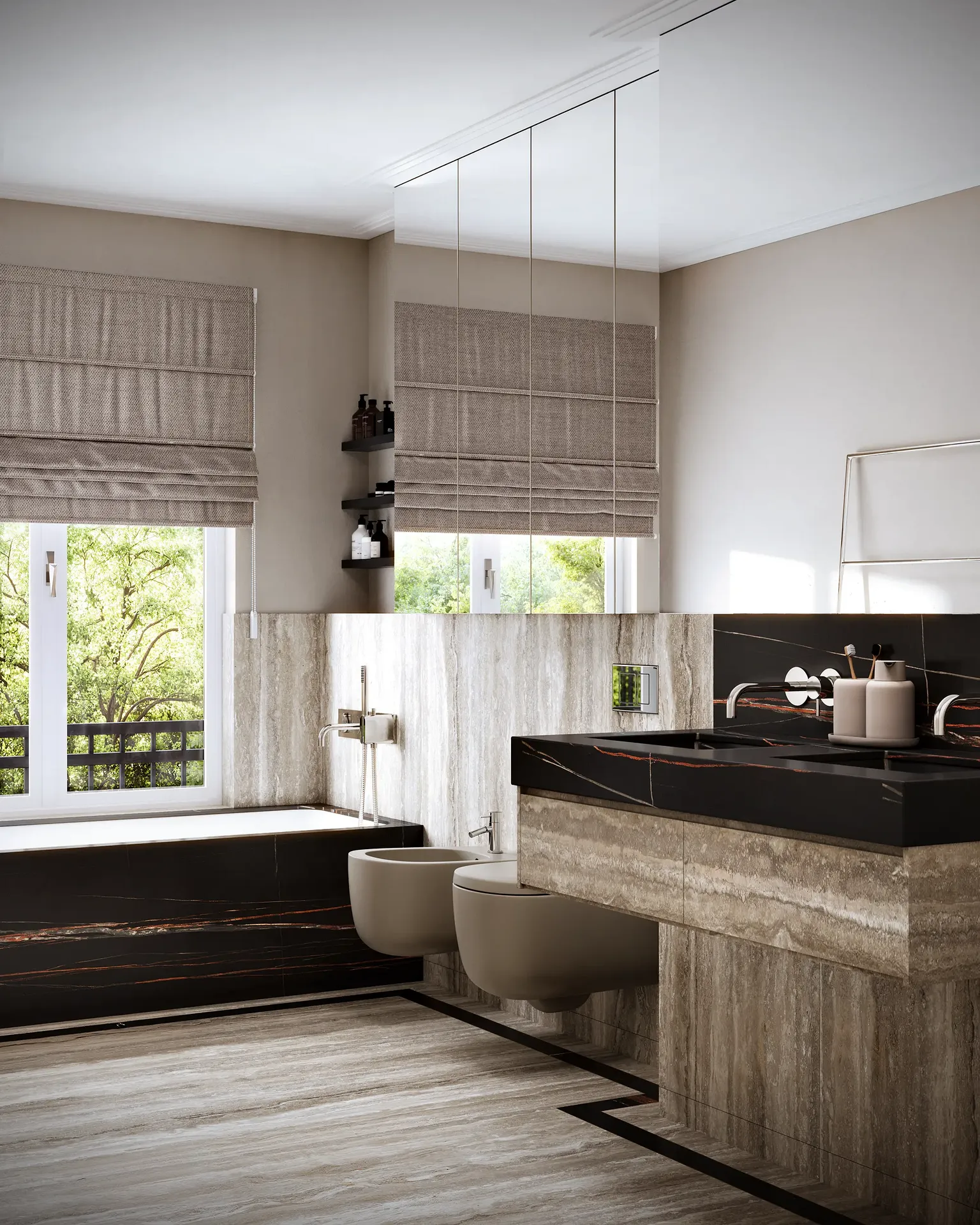 Corner view of the spacious master bathroom, showing the vanity, toilet, and freestanding tub.