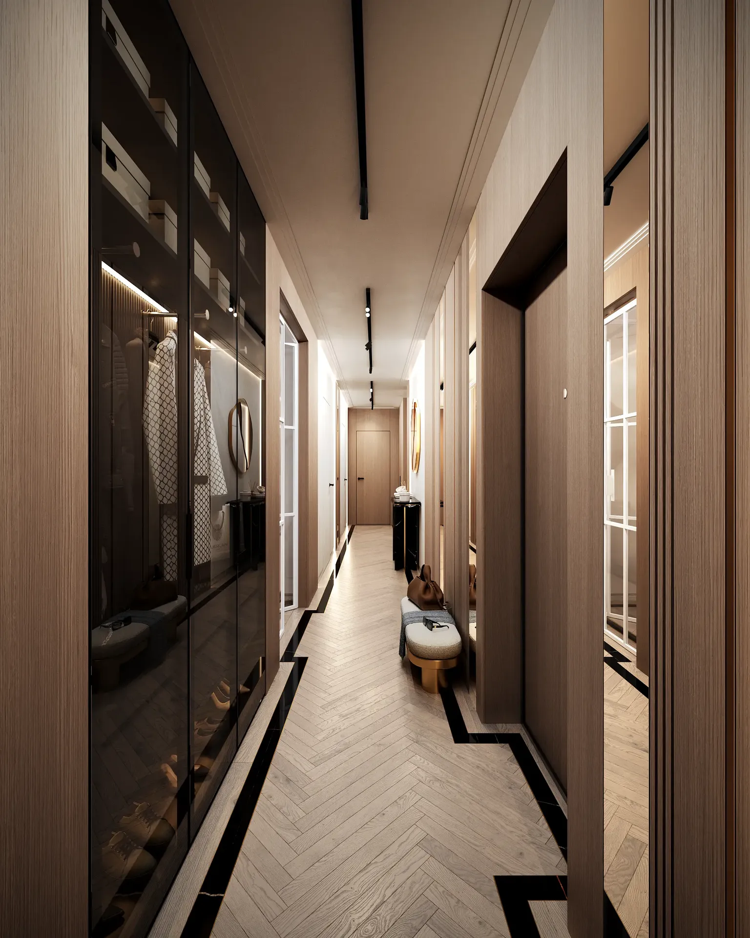 View of the apartment hallway from the entrance, showing a large, minimalist built-in wardrobe.
