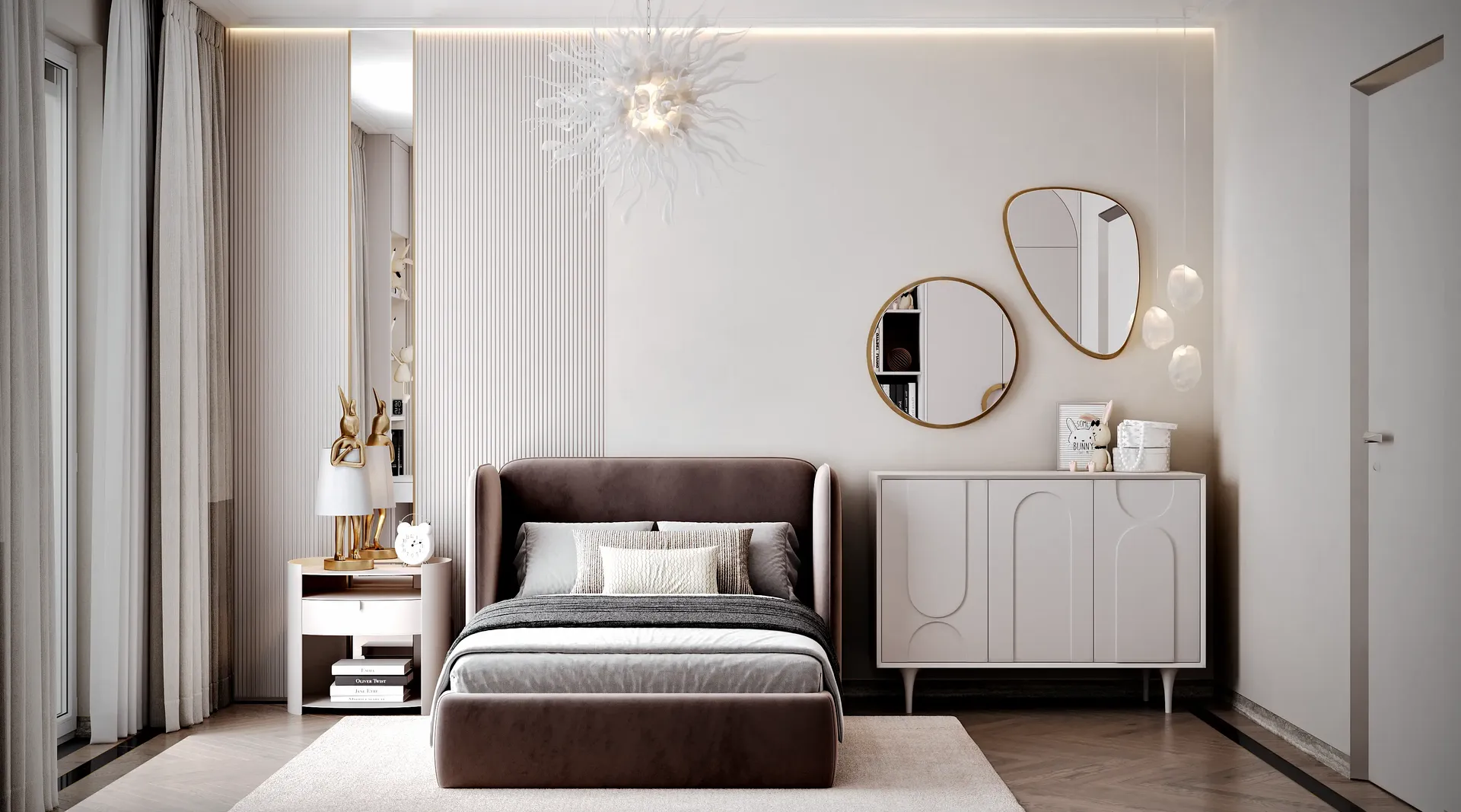 Overview of a modern teenager's bedroom, showing the bed, nightstand, and minimalist dresser.