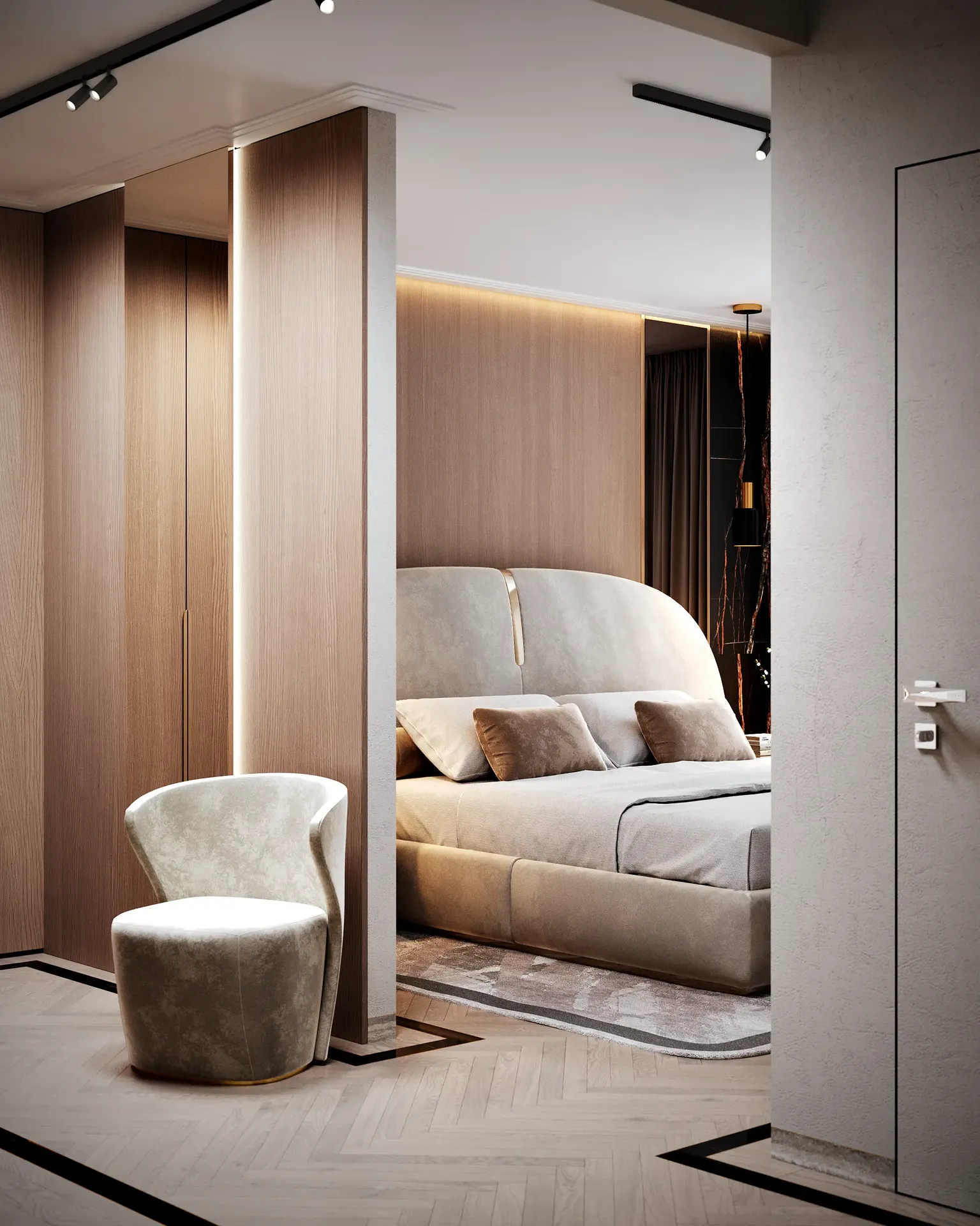 Master bedroom dressing zone featuring a full-length mirror, a cozy armchair, and an open wardrobe.