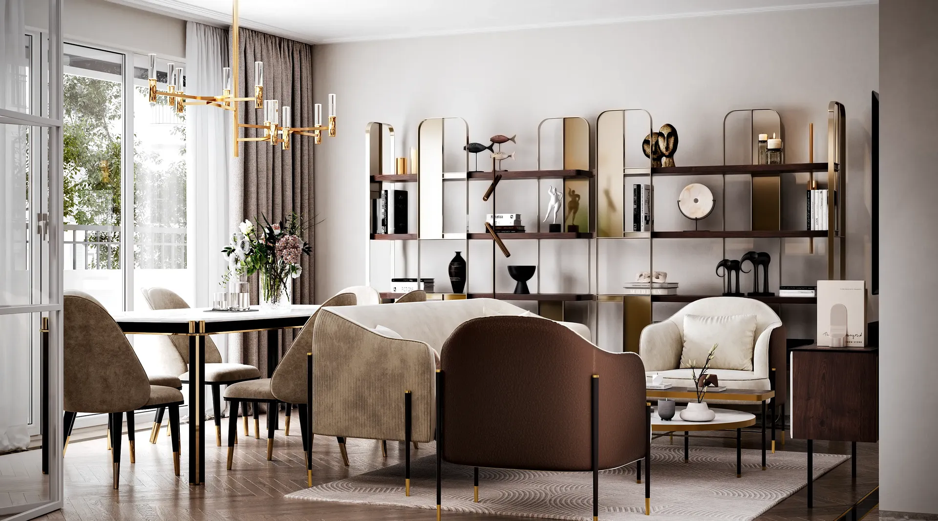 Corner view of the bright living room and dining area, highlighting built-in storage shelves.