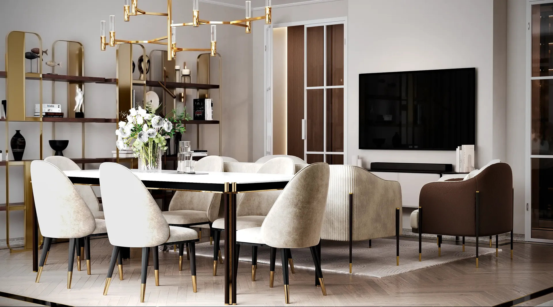 Wide view of the open-plan living room, showing the sofa, TV, dining area, and main entrance.