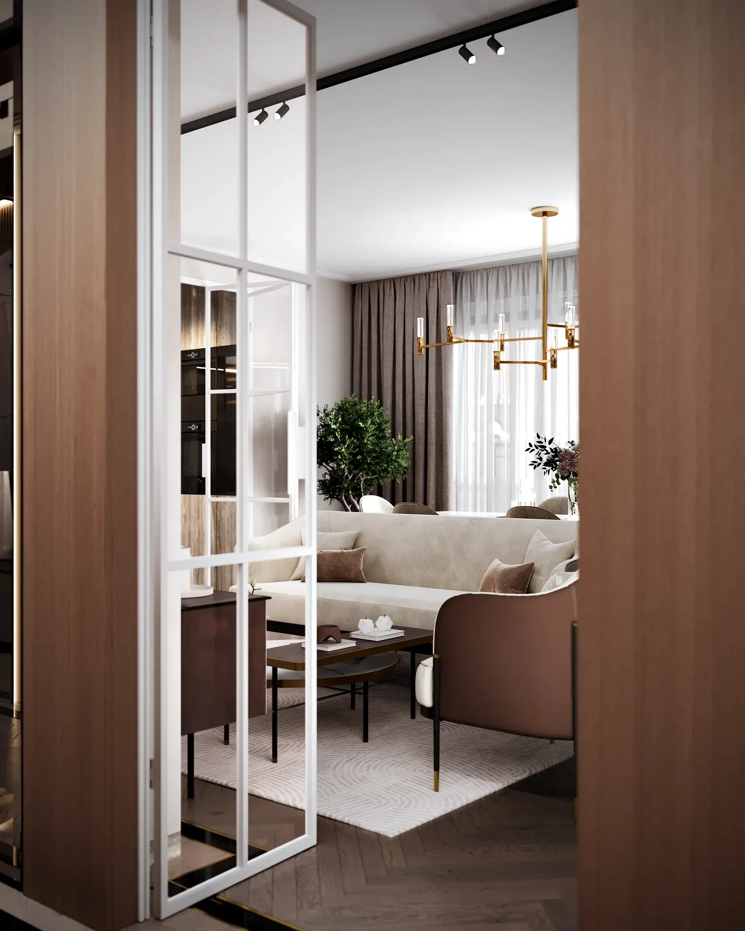 View of the wide, open entrance into the modern living room from the main hallway.