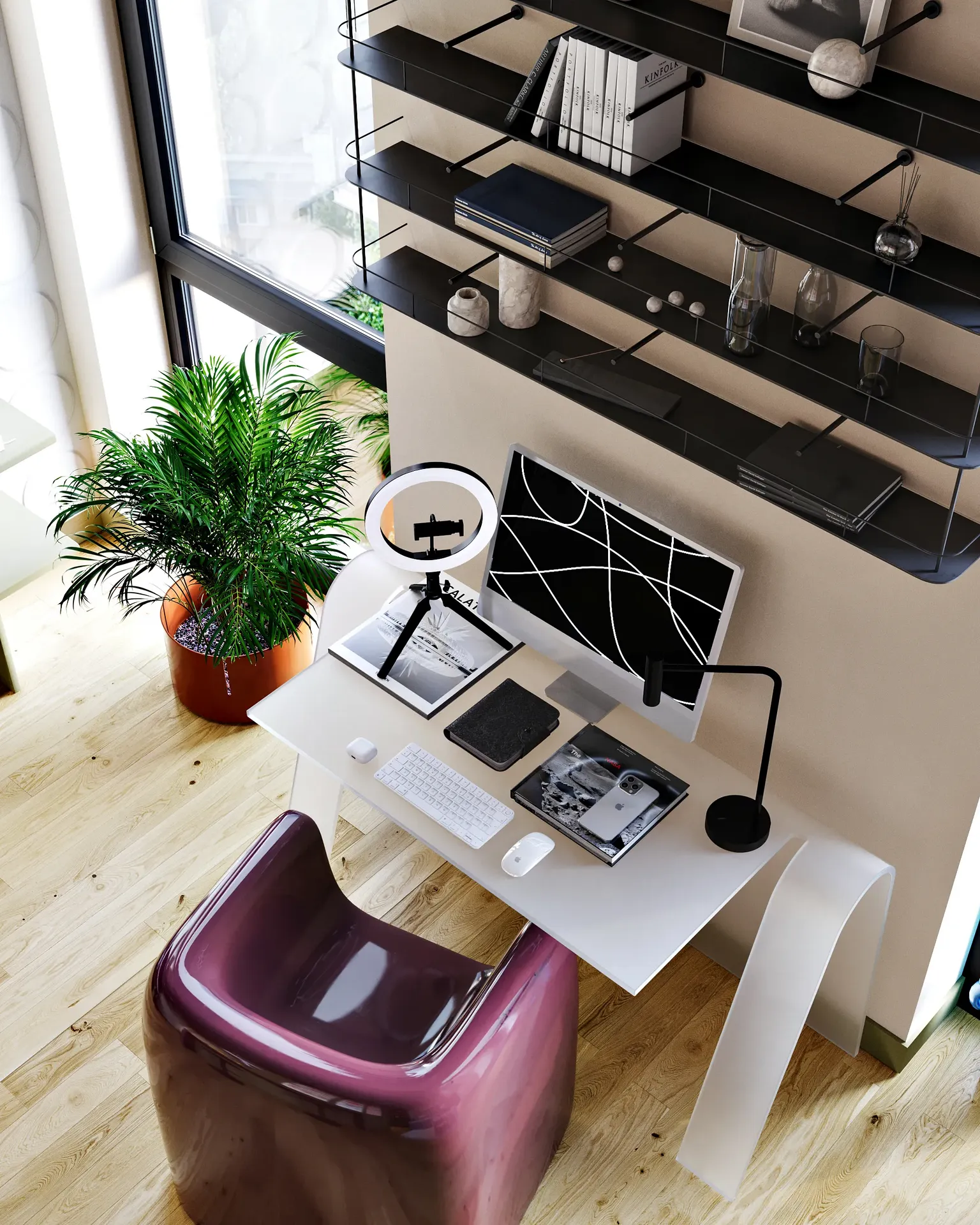 Top view of home office desk layout and wall-mounted shelves