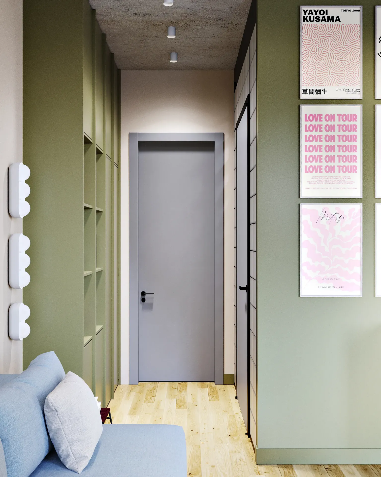 Modern apartment entrance hall and hallway perspective