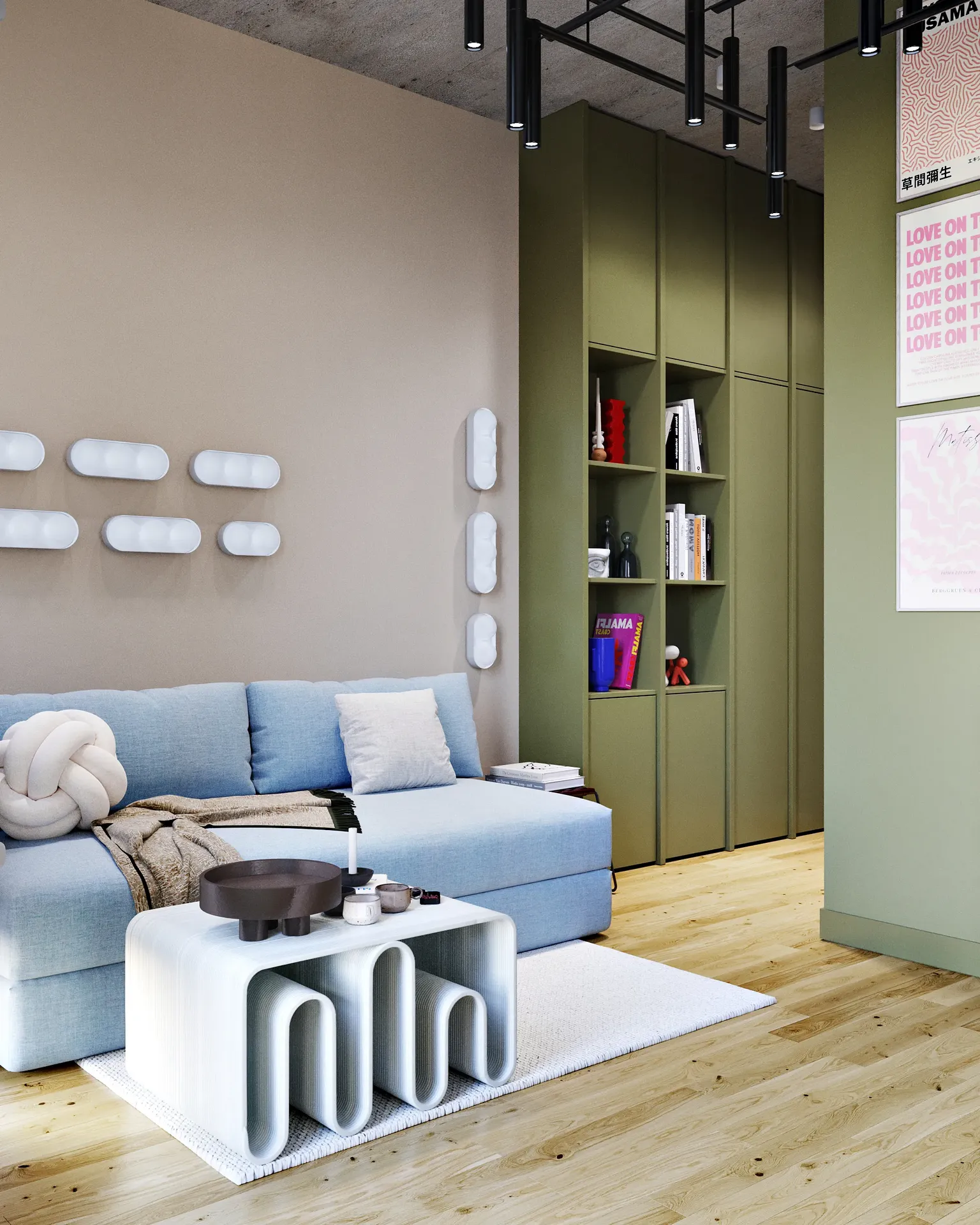 Living room interior with sofa, coffee table, and shelving