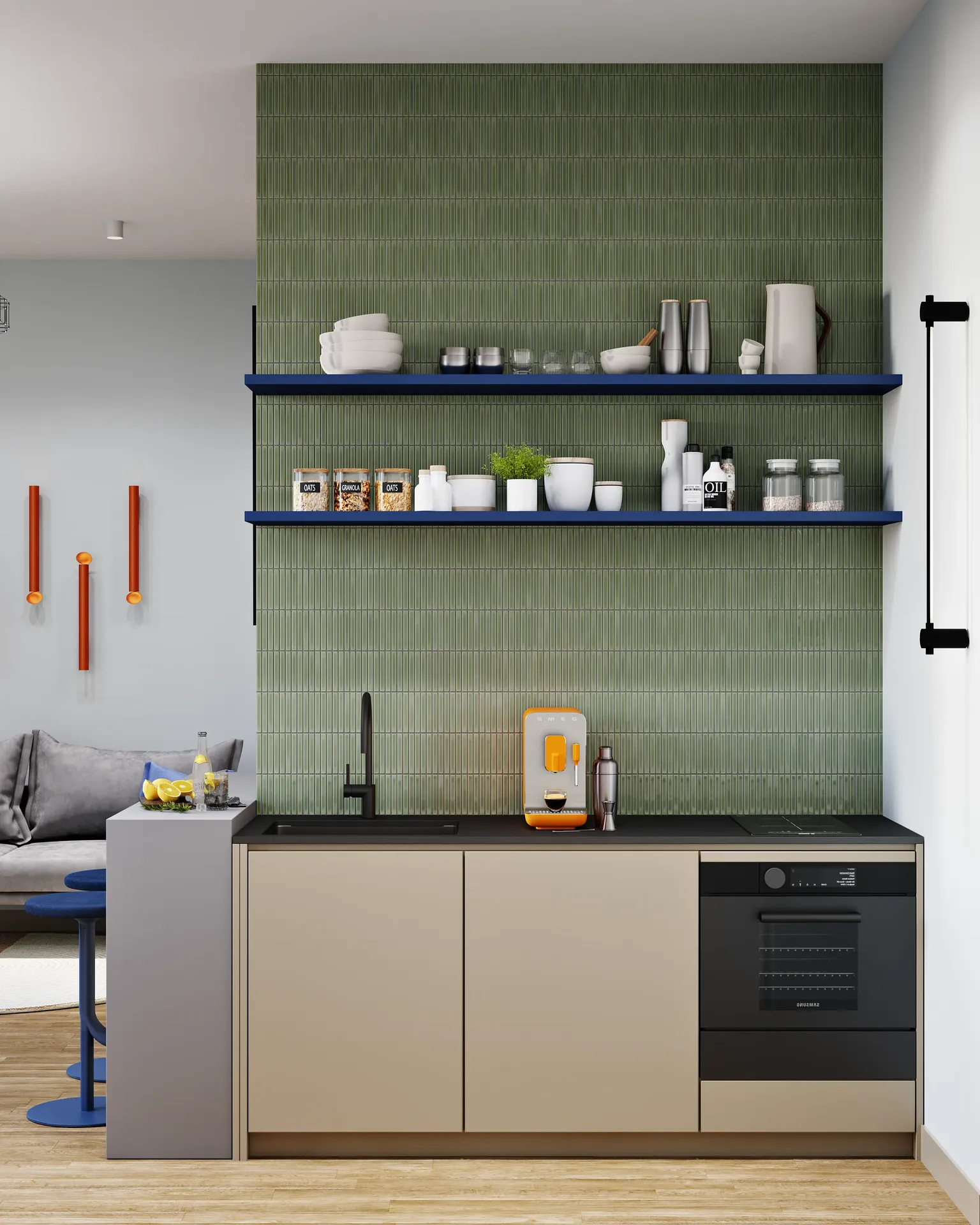 Front elevation of sleek modern kitchen cabinetry