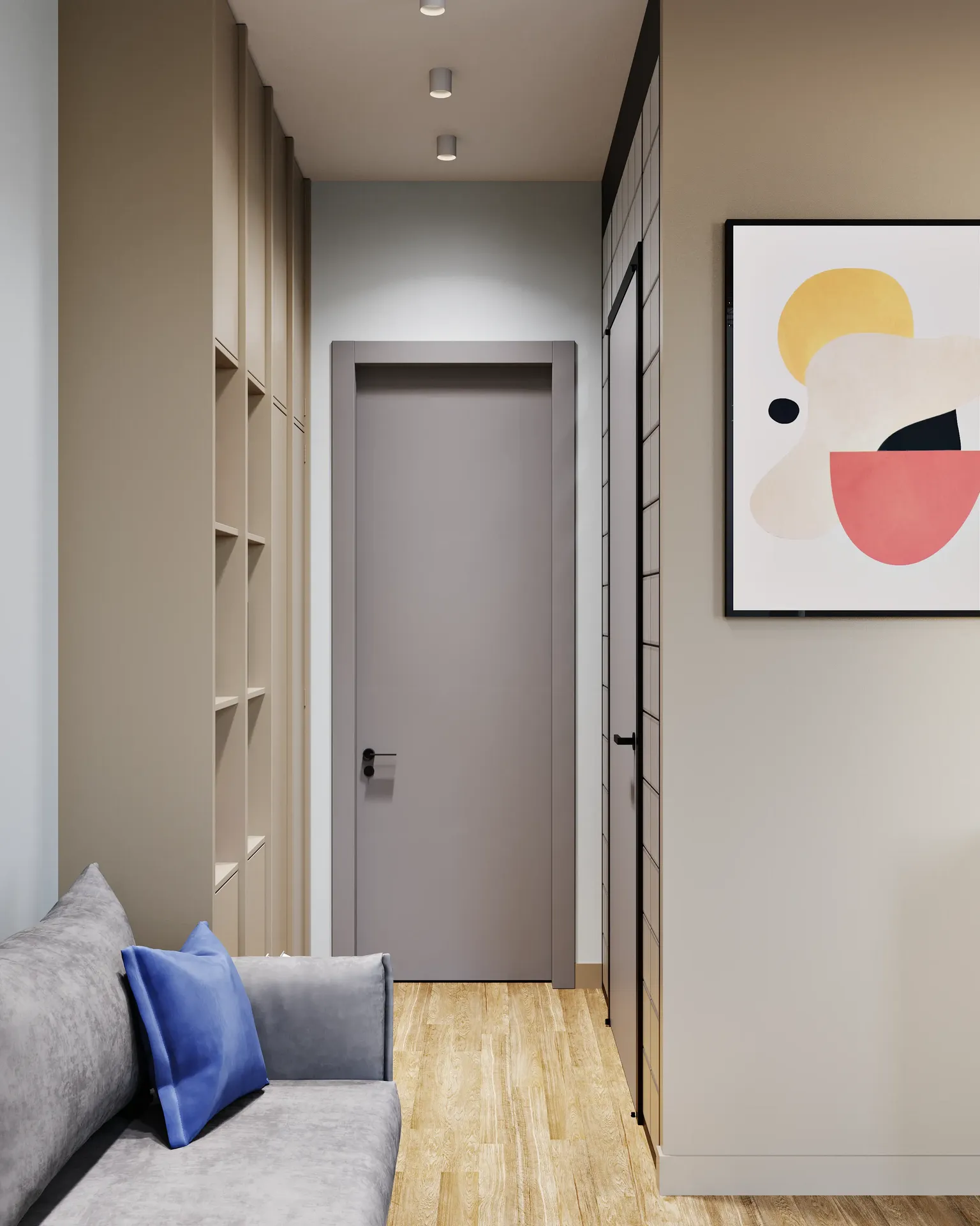 Modern apartment entrance hall and hallway perspective