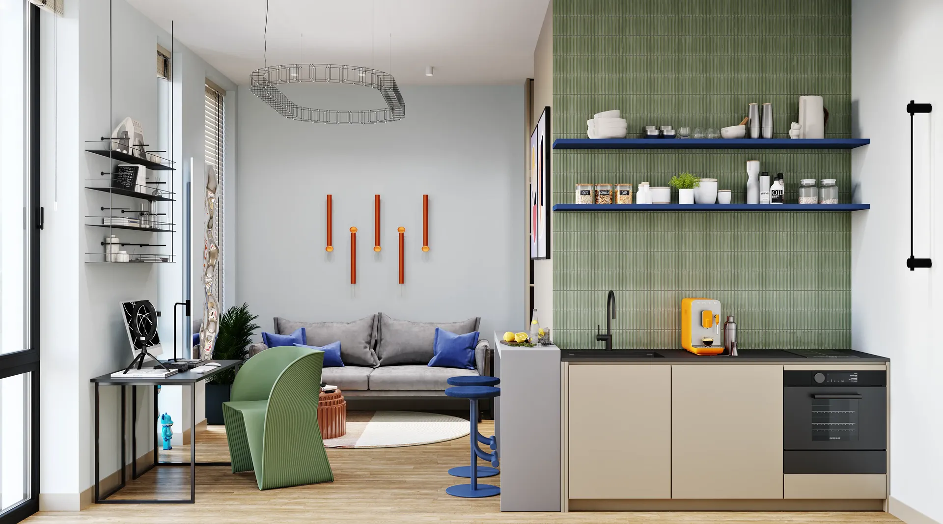 Open-plan studio layout showing kitchen, living, and desk