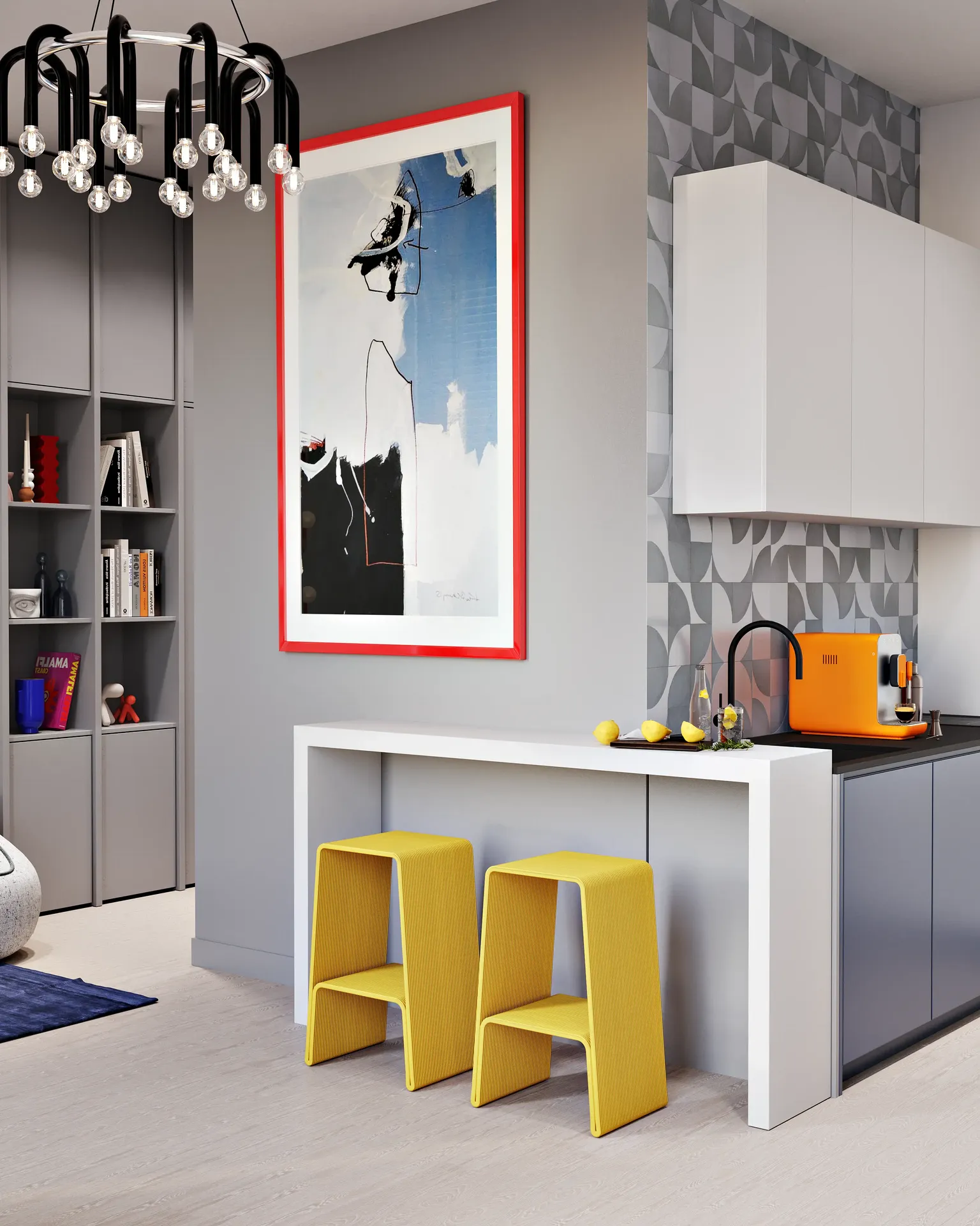 Kitchen bar counter and hallway shelving unit design