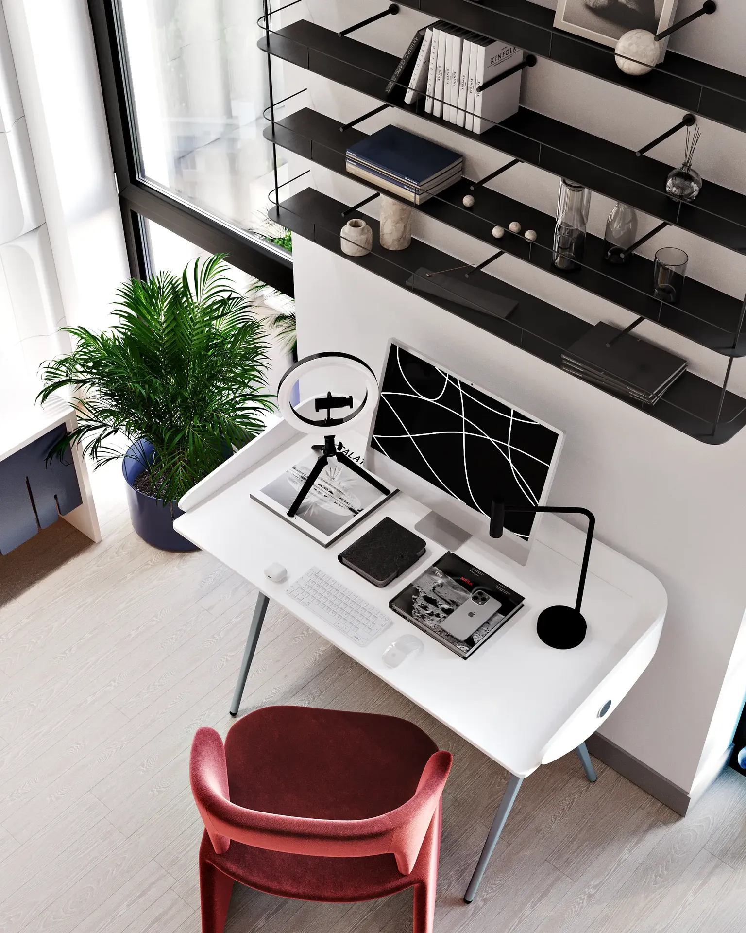 Top view of home office desk layout and wall-mounted shelves