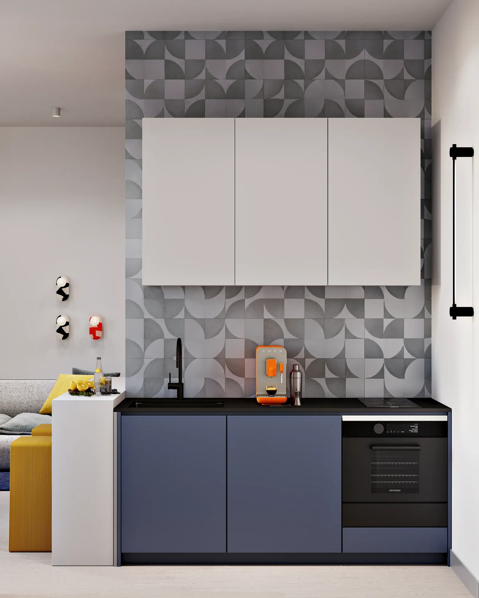 Front elevation of sleek modern kitchen cabinetry