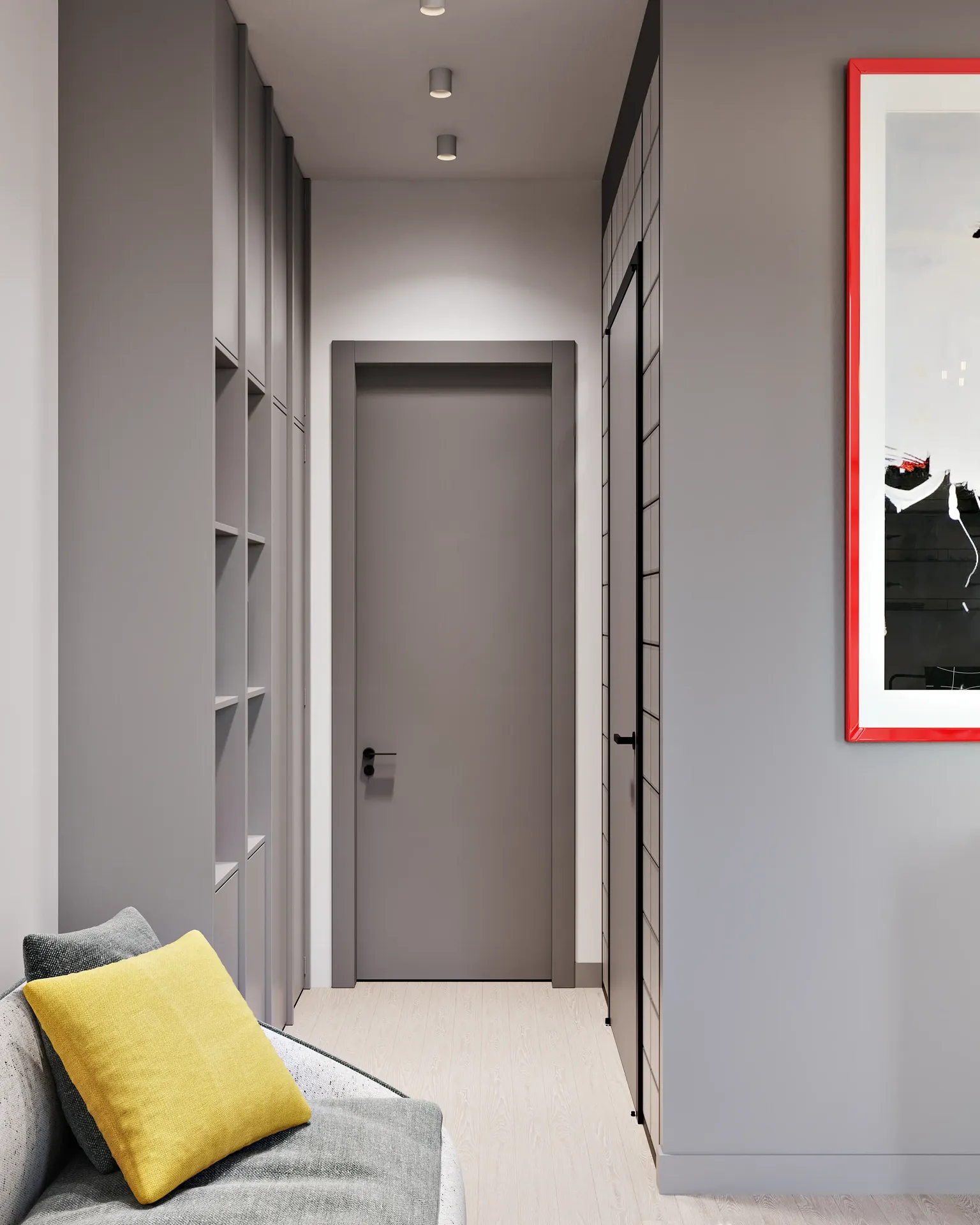 Modern apartment entrance hall and hallway perspective