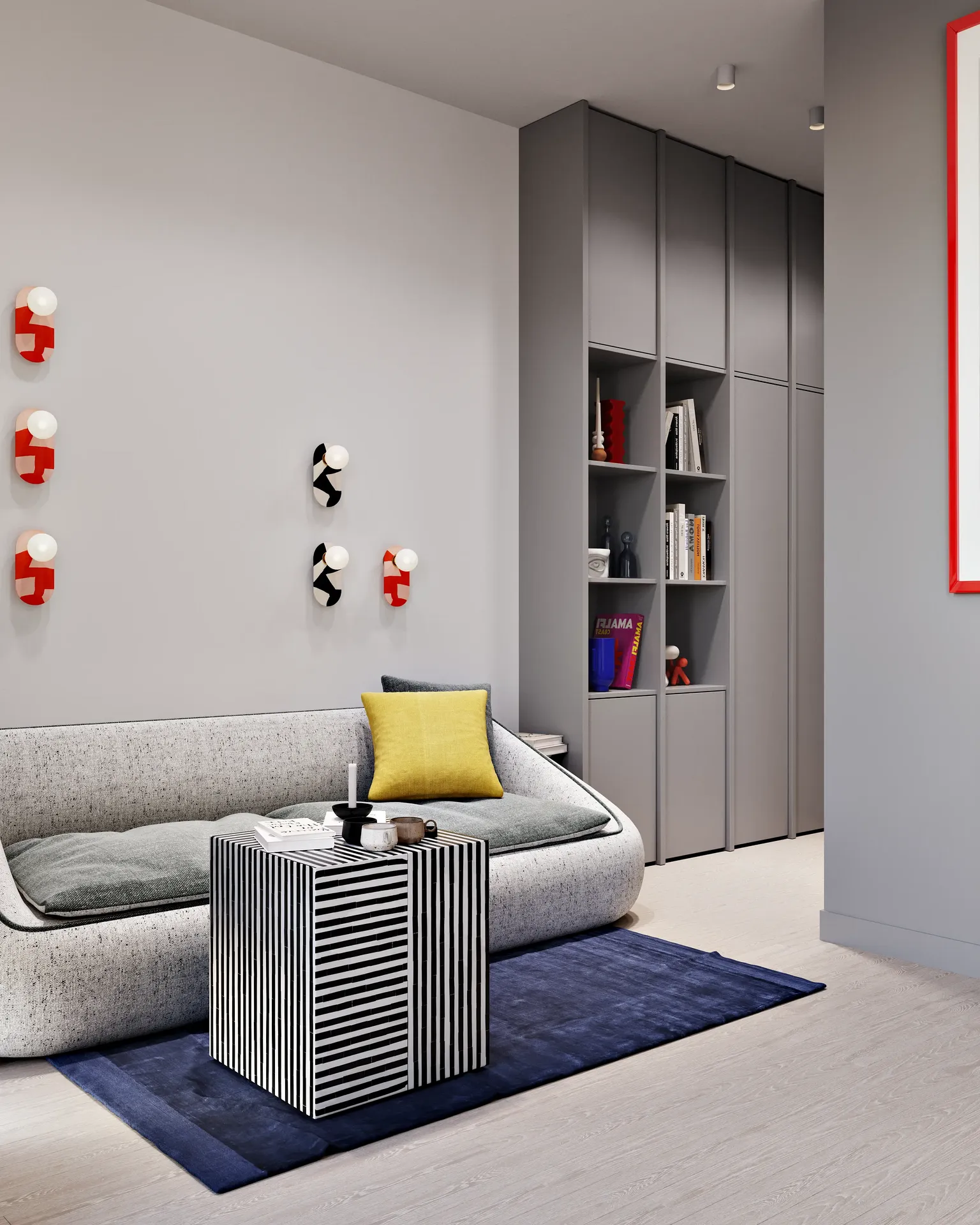 Living room interior with sofa, coffee table, and shelving