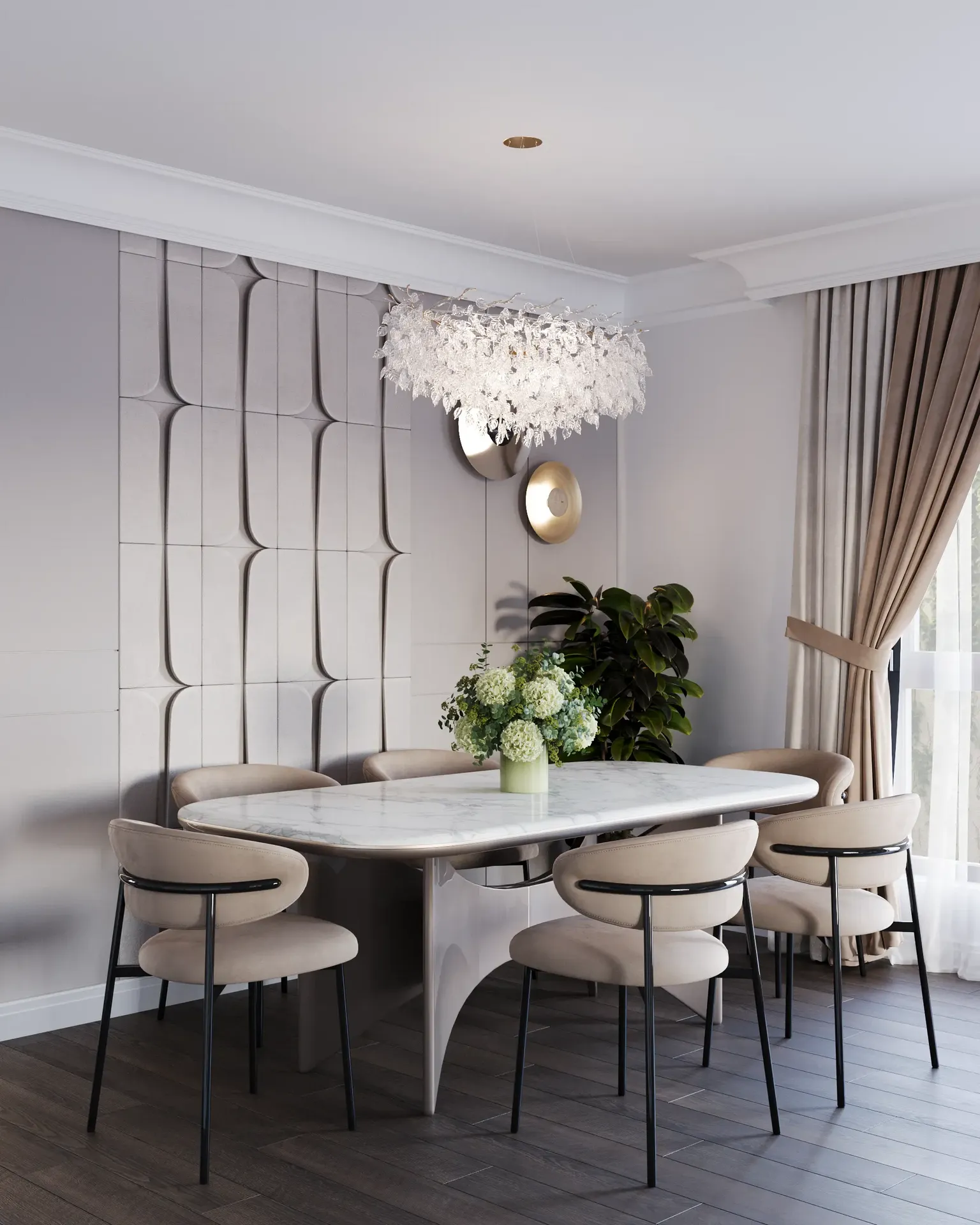 Angled perspective of modern dining table arrangement near window