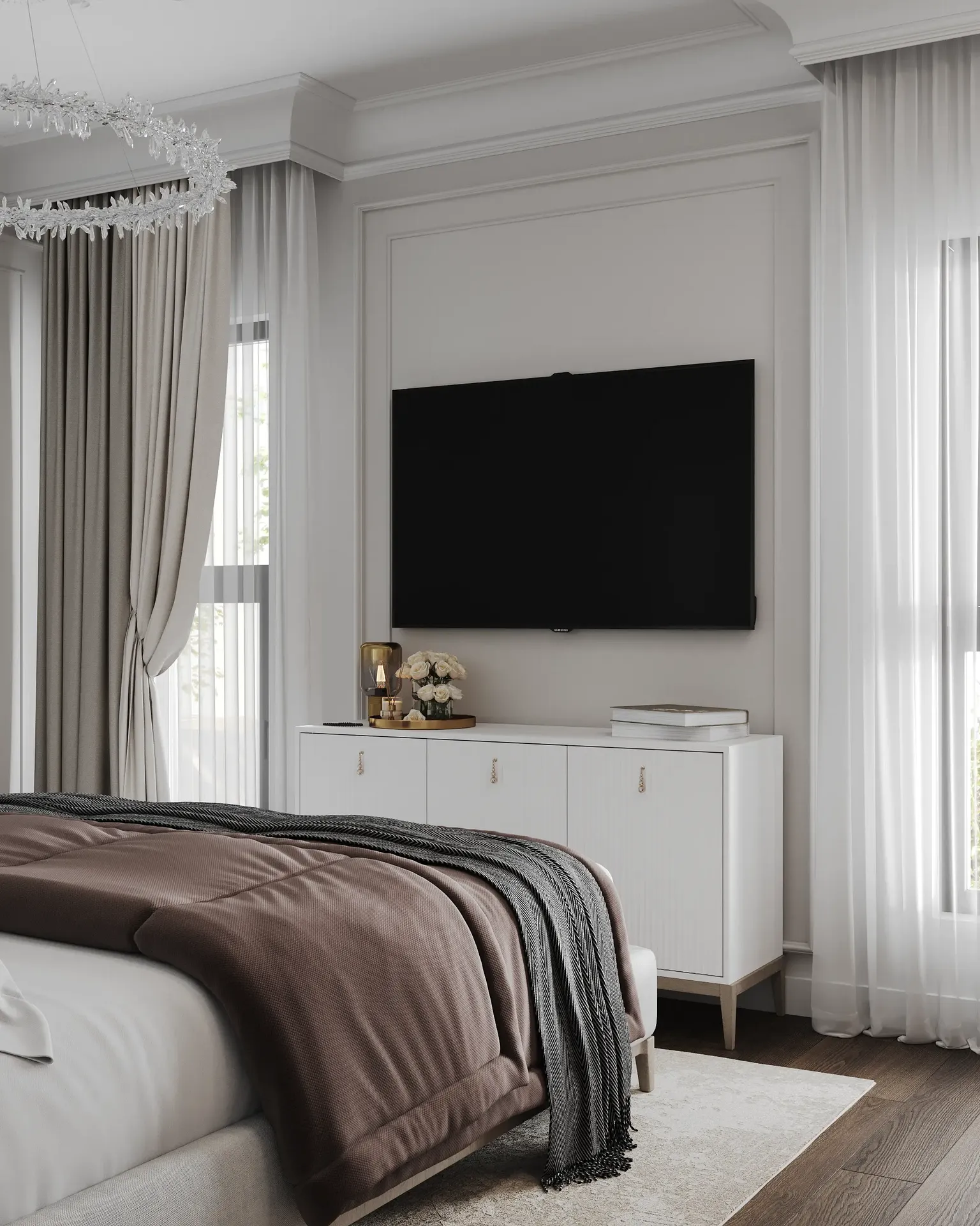 Master suite media wall and TV placement design