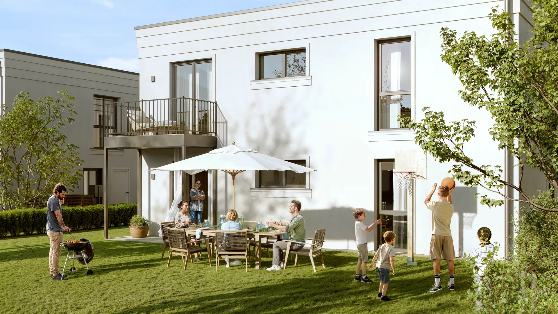 Horizontal shot of a backyard leisure zone with residents enjoying a picnic.
