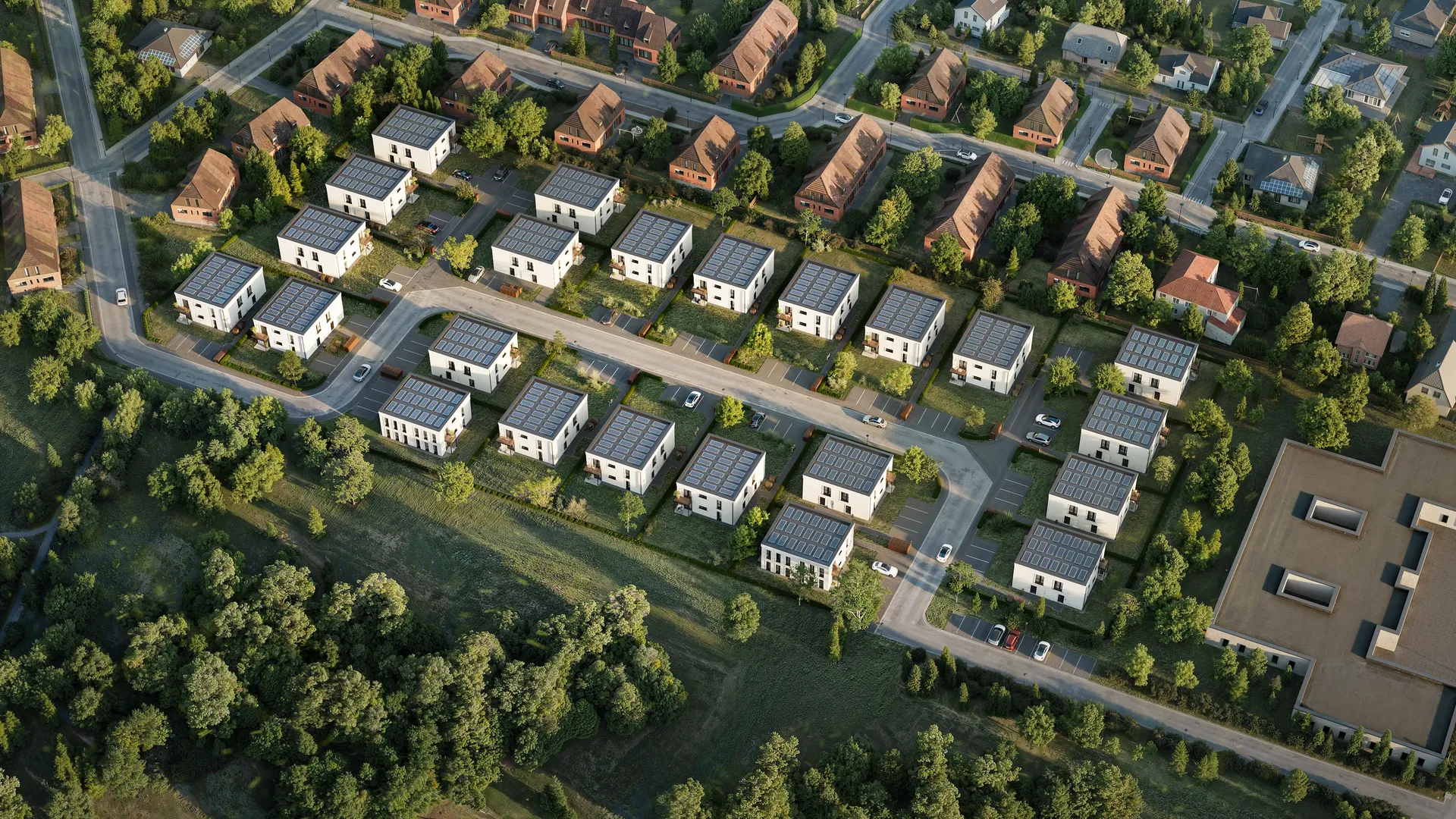Aerial bird's-eye view of a sprawling modern residential complex layout.