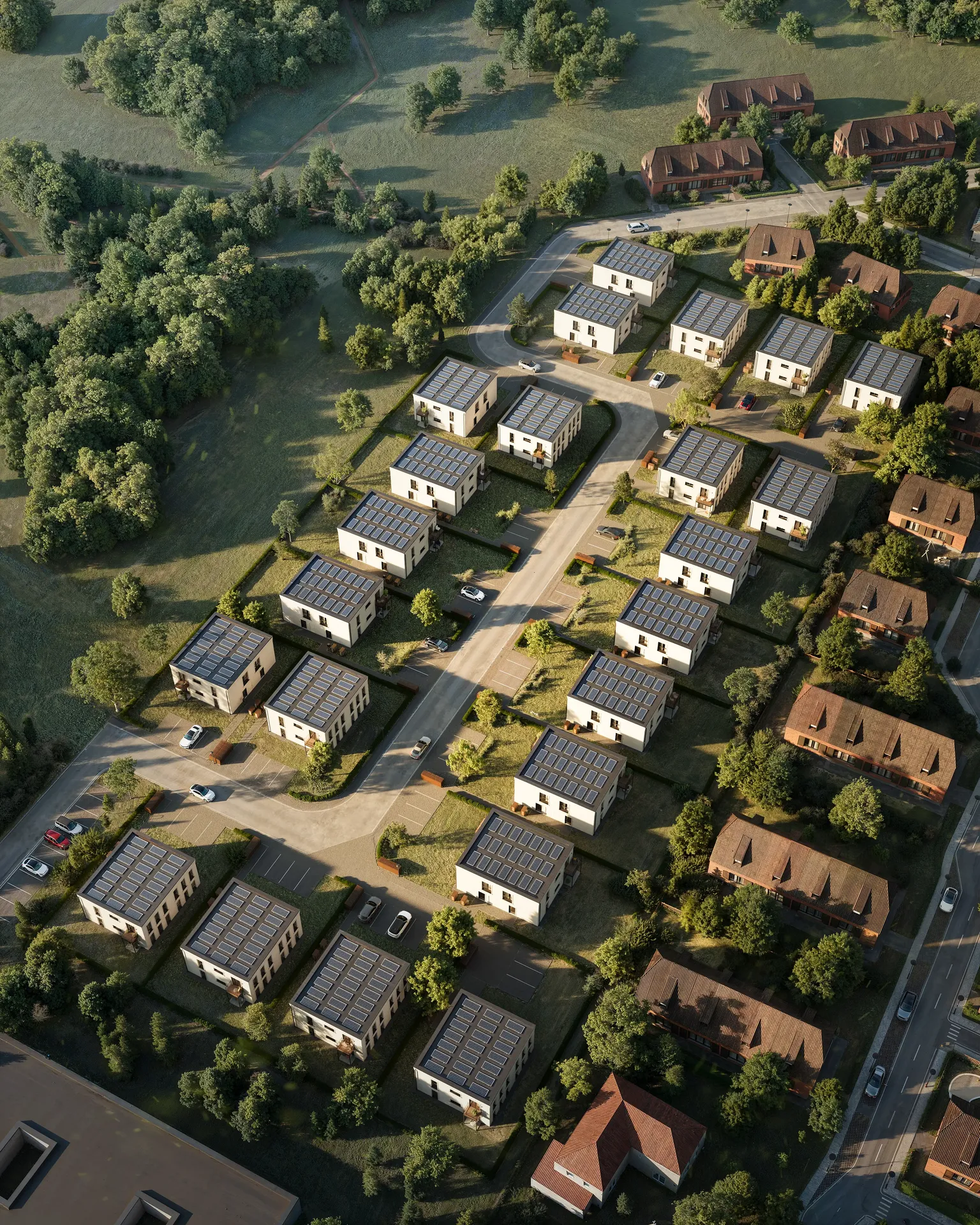 High-angle aerial shot showing the architecture of a luxury residential complex.