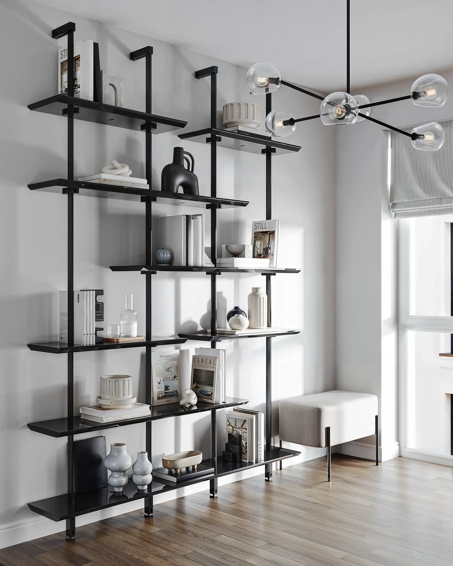 Stylish home office workspace with natural light and minimalist decor.