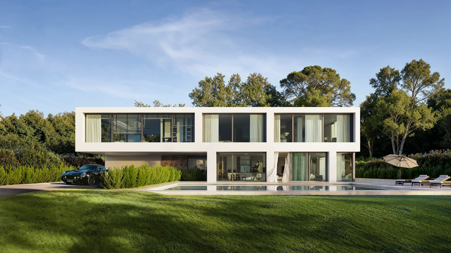 Sunny day view of a modern two-story villa with a pool and parking area.