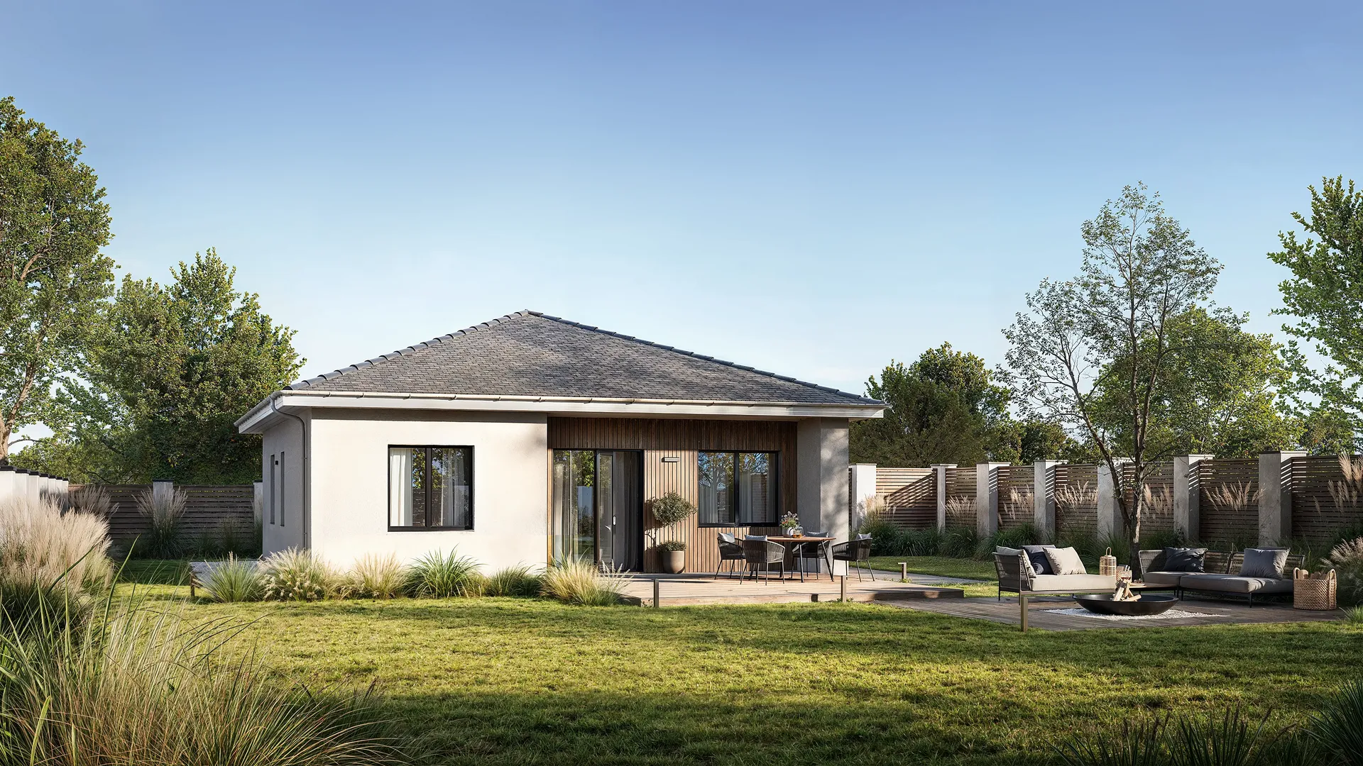 Modern house facade with a terrace dining area and cozy BBQ lounge.