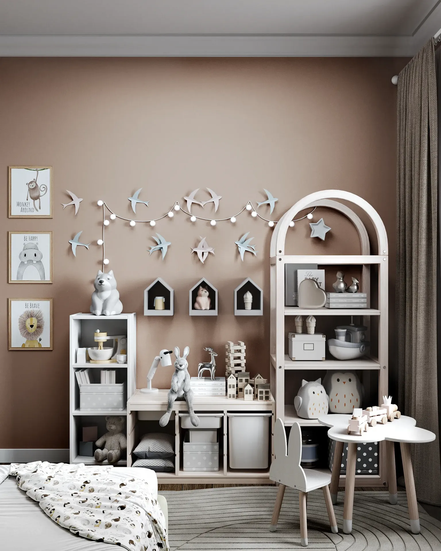 Kids' room storage with a toy rack, books, and drawing table.