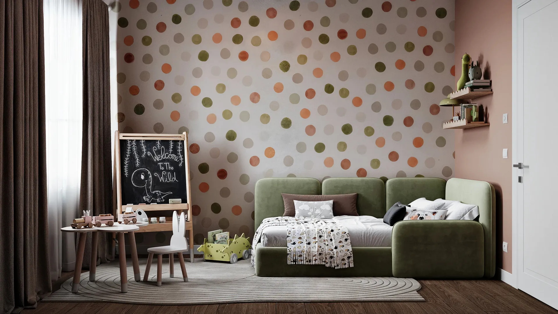 Front view of a bed, drawing table, and easel in a kids' room.