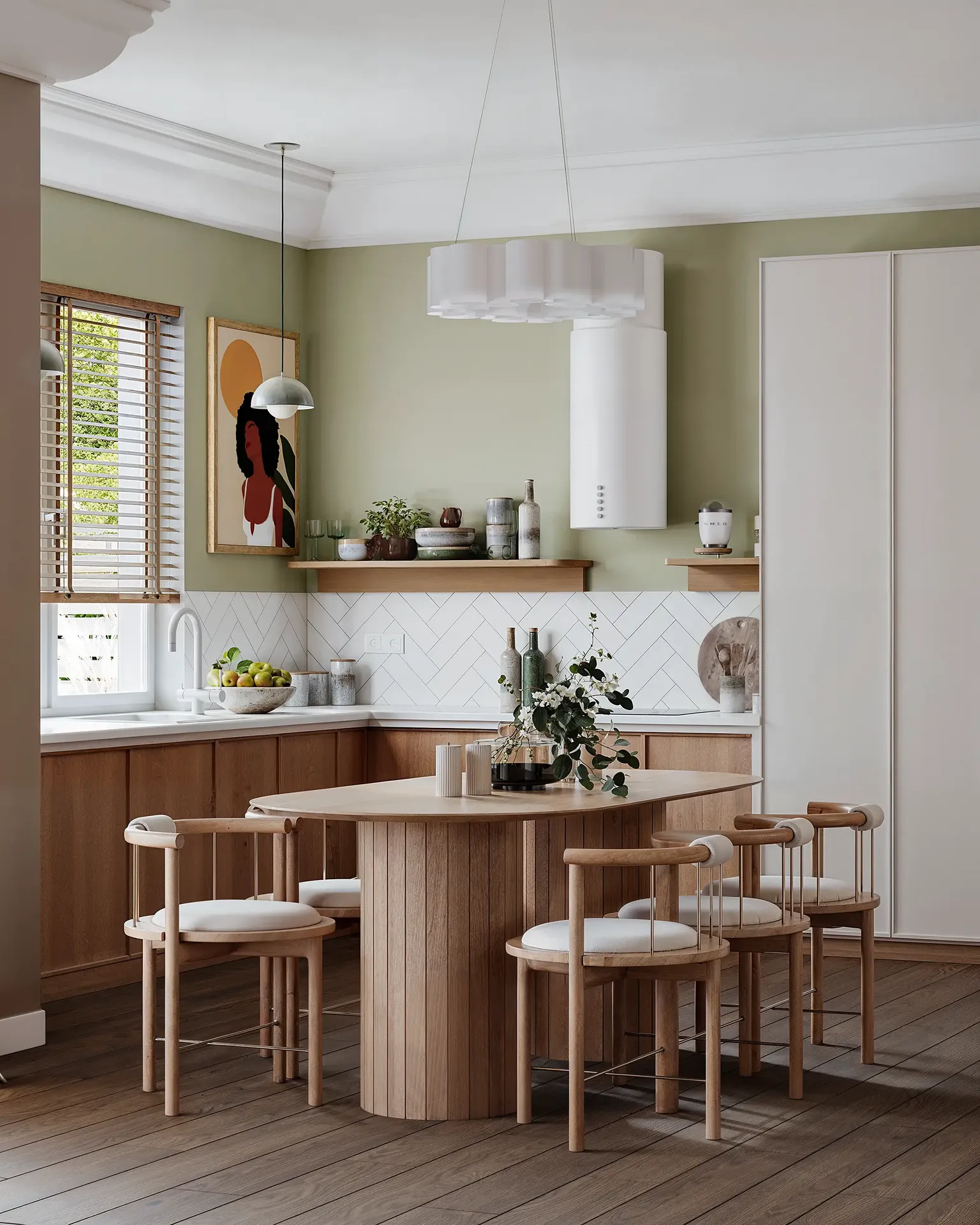 Kitchen with dining area, cabinetry, storage shelves, and built-in fridge.