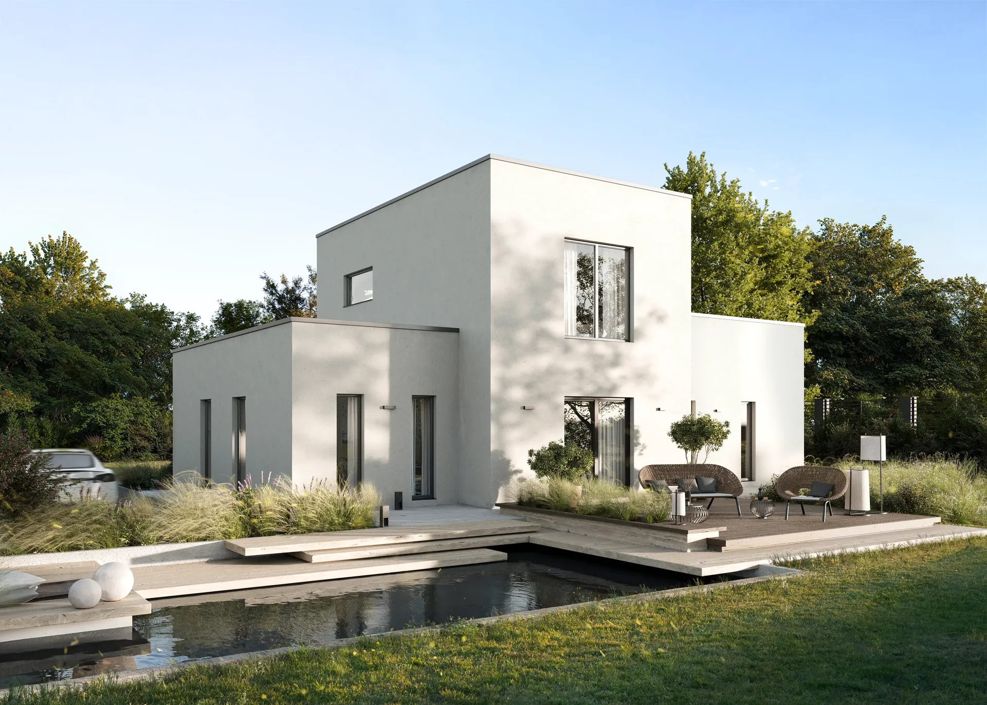 Daytime view of a backyard featuring a swimming pool and sun deck.