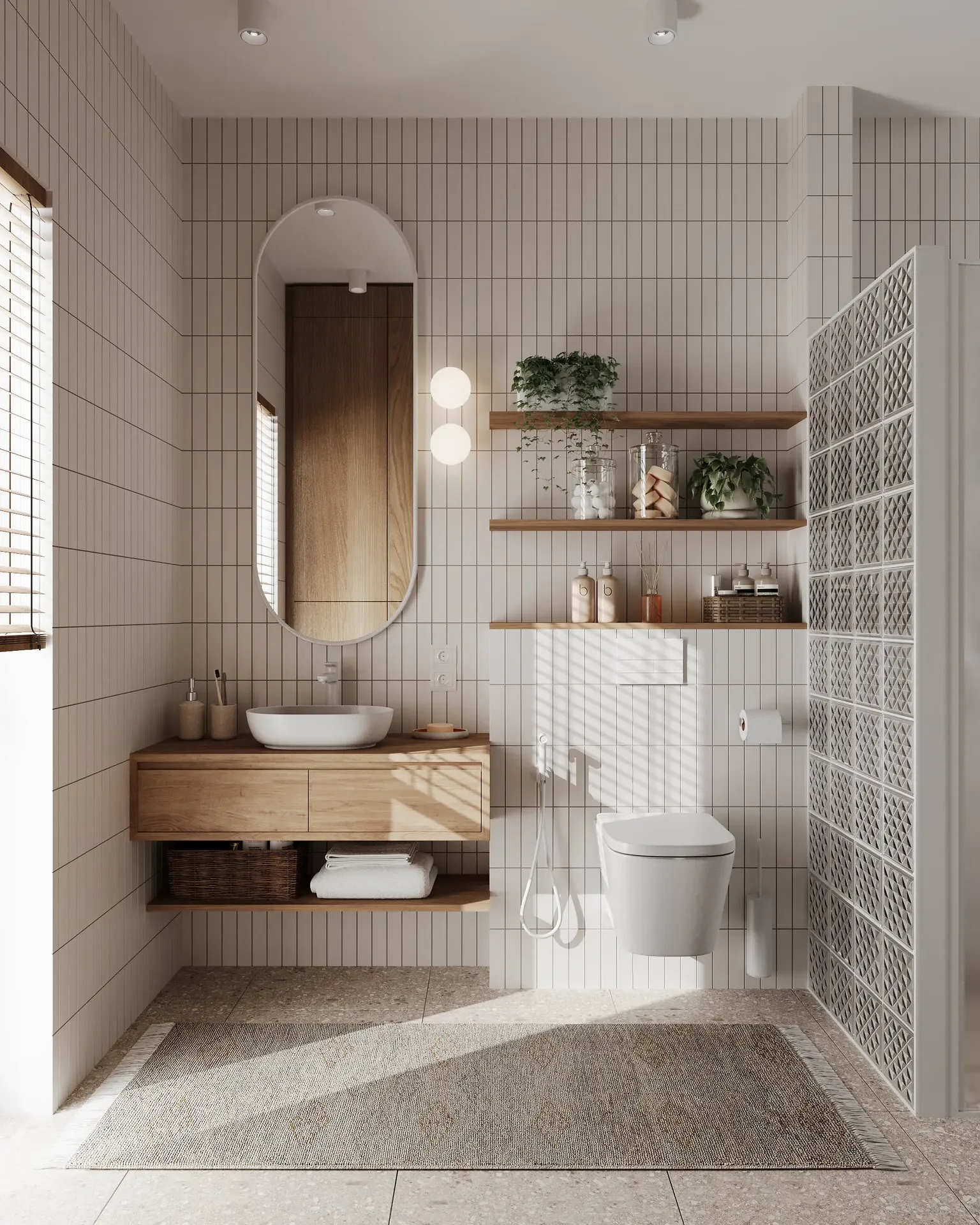 Toilet installation with shelves, sink vanity, mirror, and sconce.