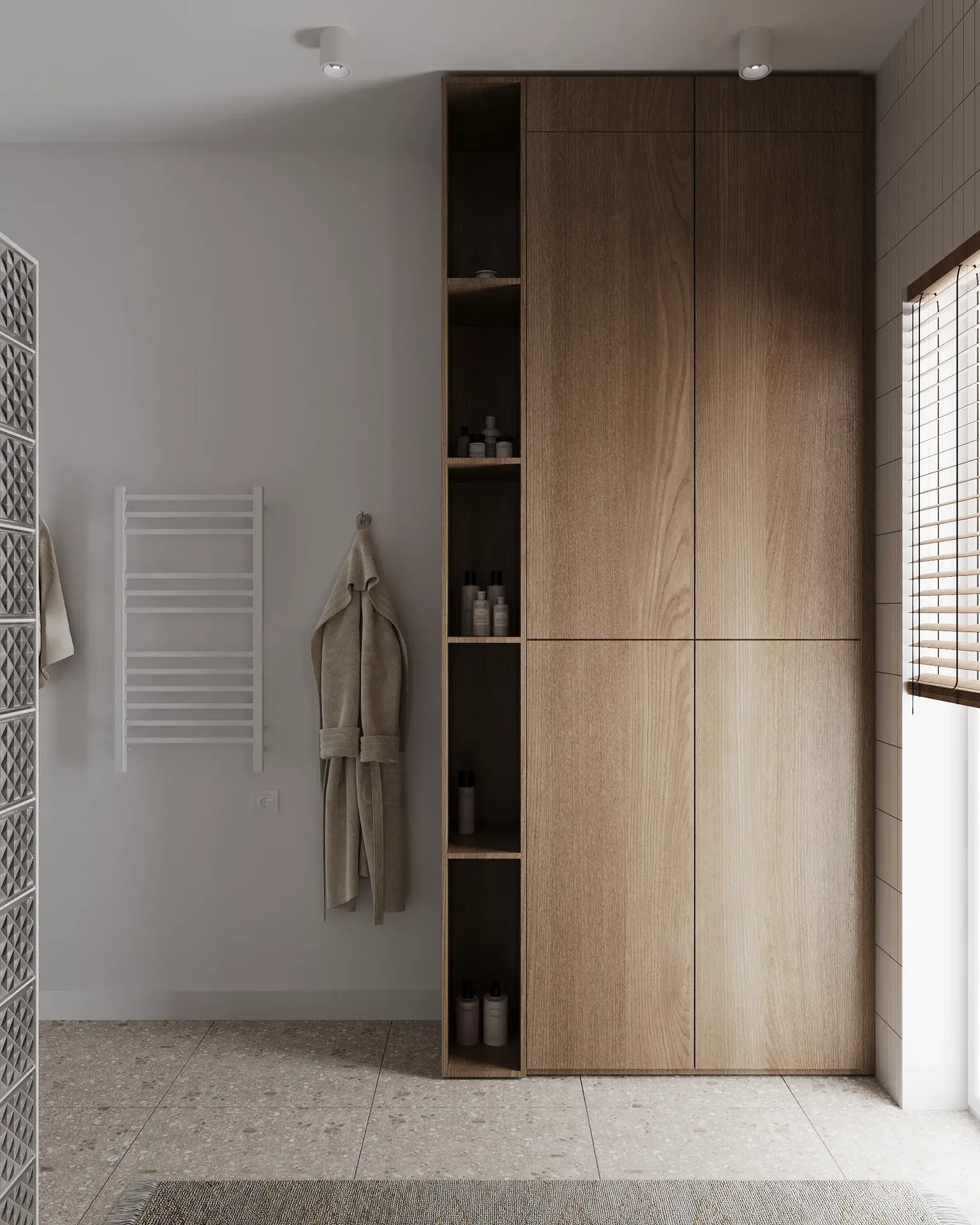 Front view of a storage cabinet and towel warmer in a bathroom.