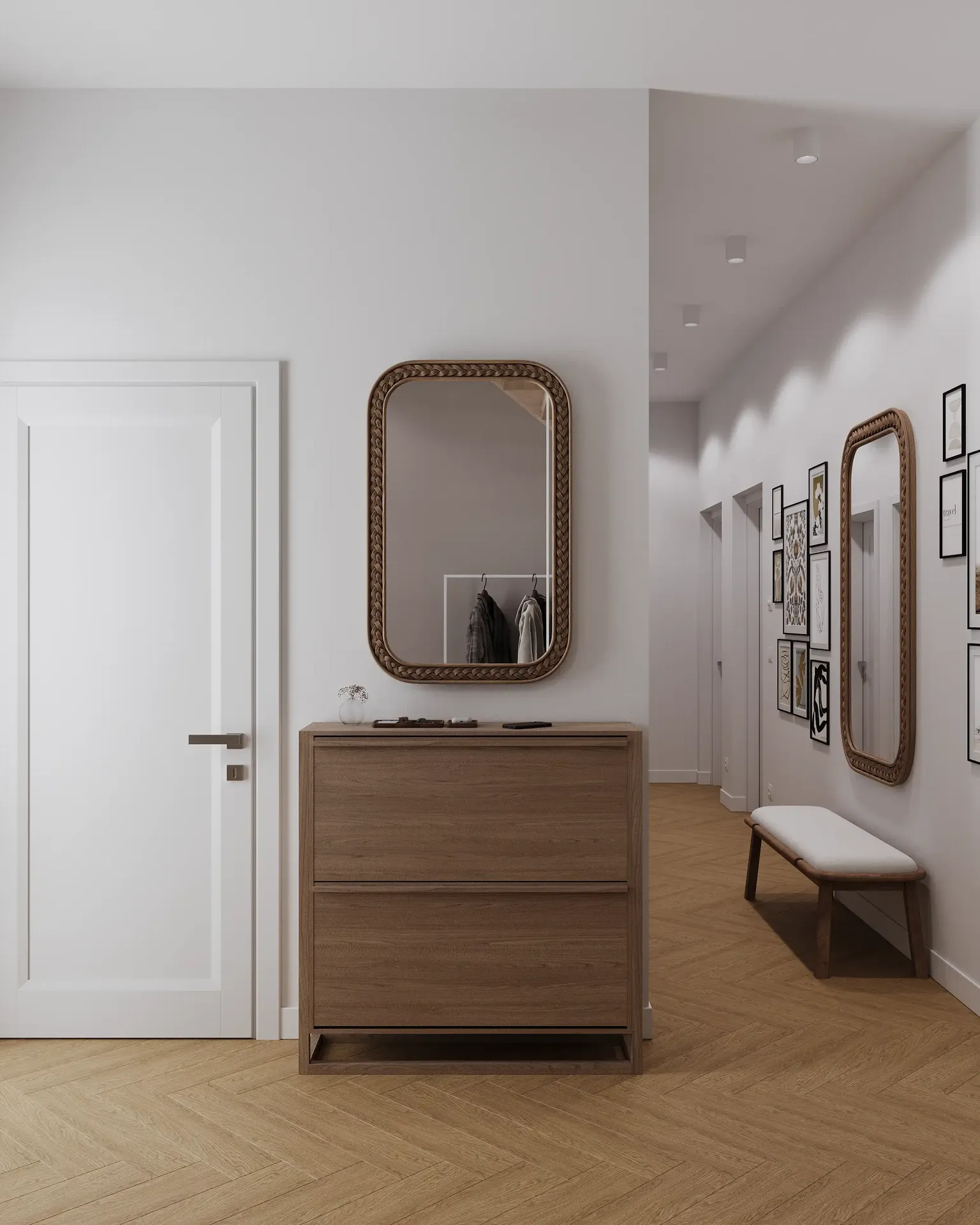 View of a shoe rack and mirror in the hallway.