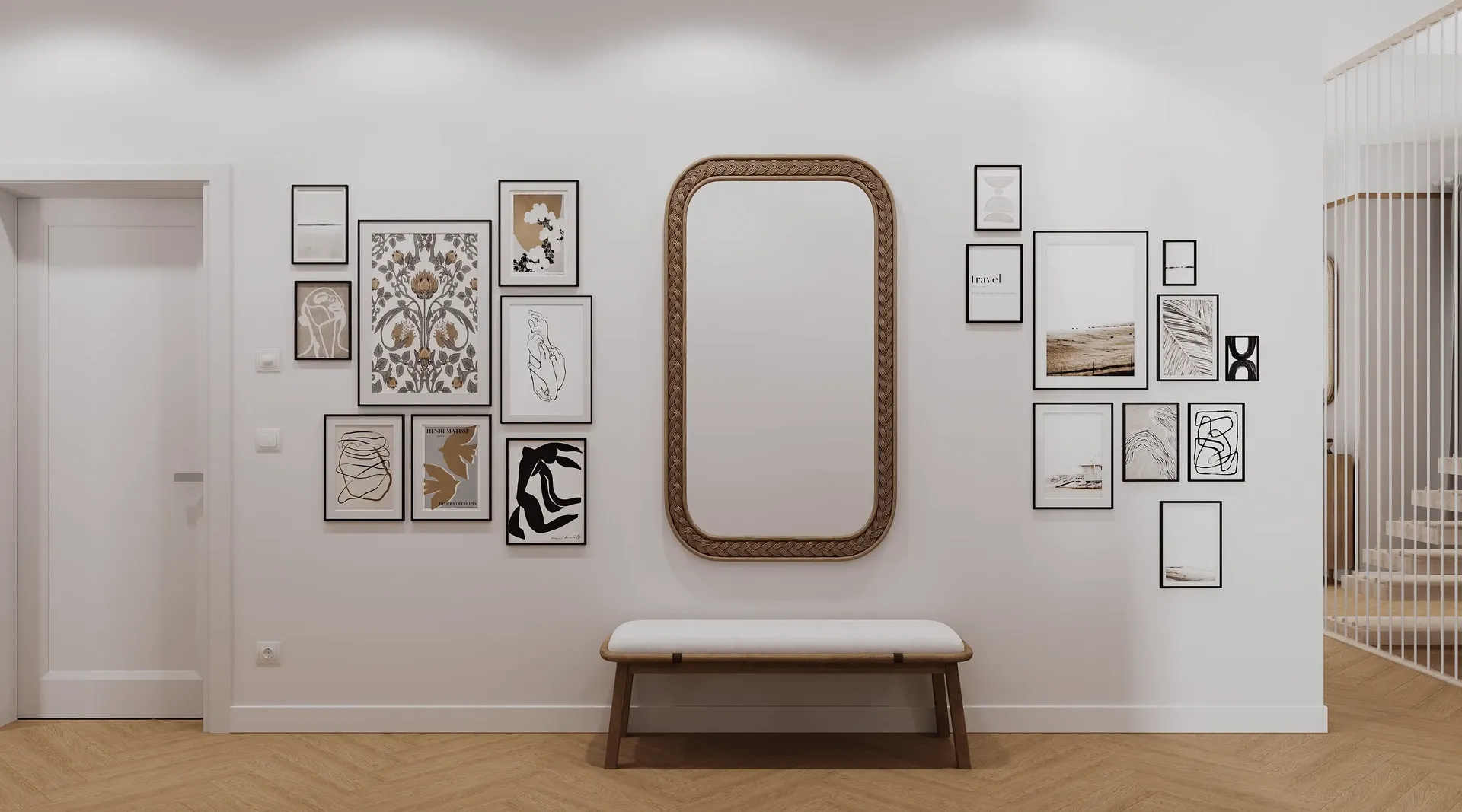 Hallway view with a bench and artwork.