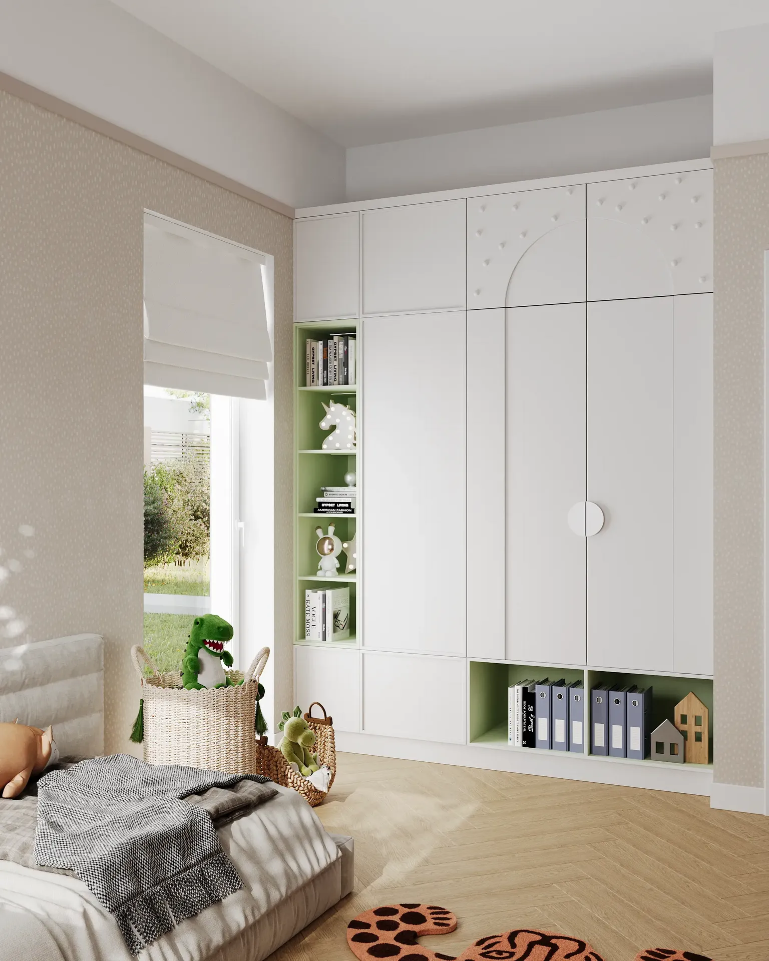 View of a wardrobe, toy baskets, and part of the bed.