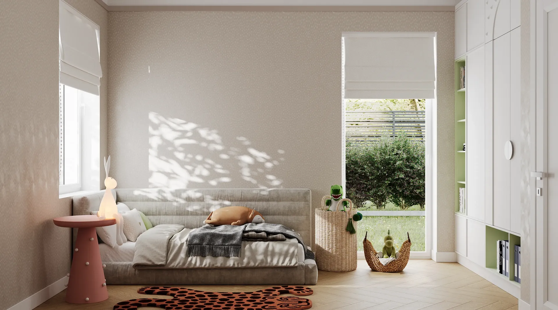 Front view of a bed, window, wardrobe, and toy baskets.