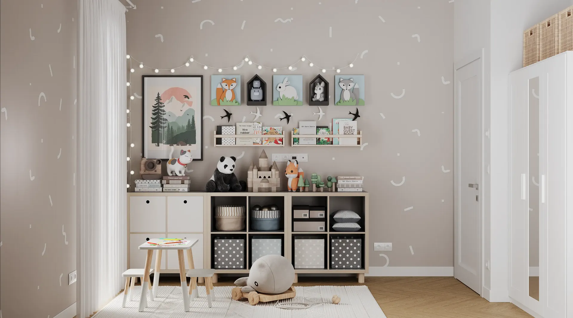 Kids' storage system with toy drawers and a drawing table.