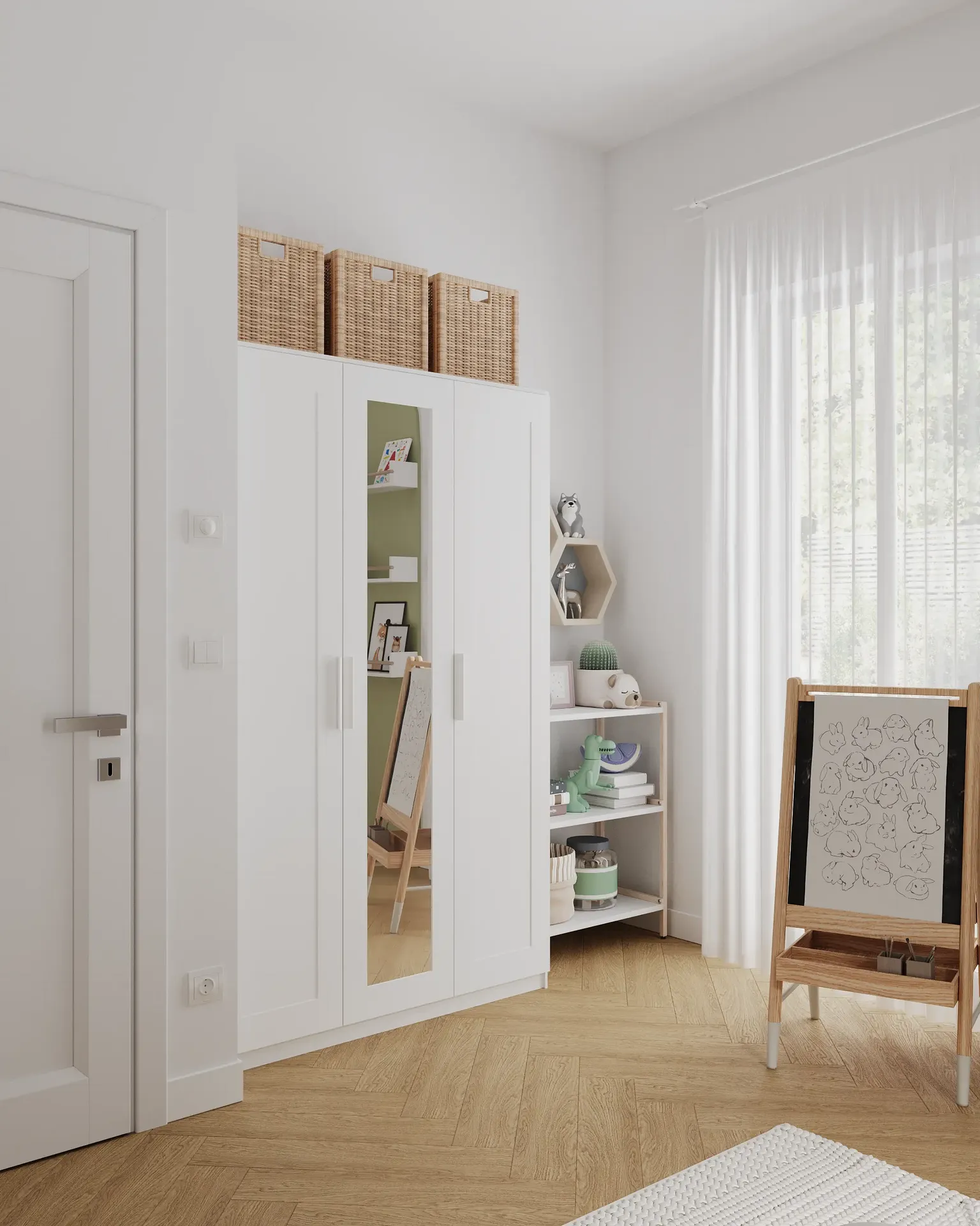 Angled view of a wardrobe, toy rack, and easel in a nursery.