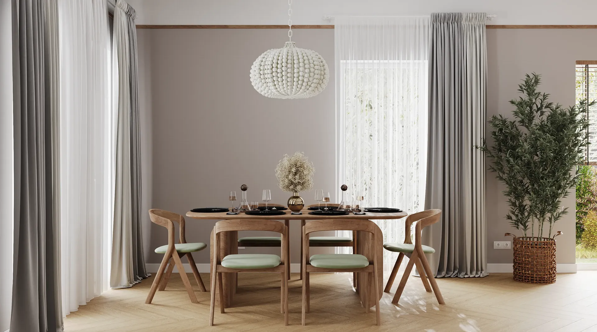 Front view of a dining area set for six people.